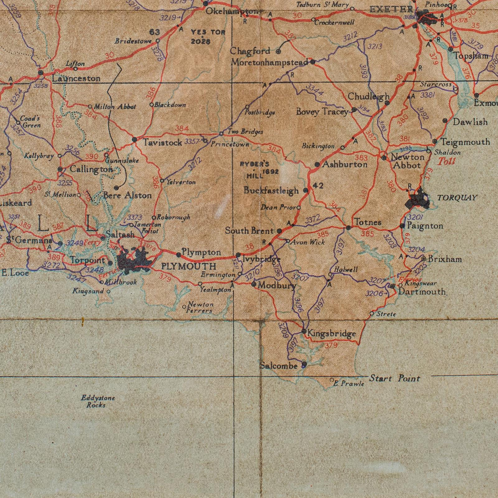 Vintage Framed Map, English, Mahogany, Illustrated, Devon, Cornwall 3