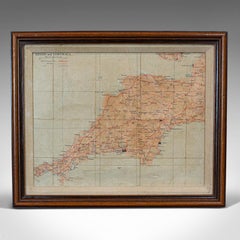 Vintage Framed Map, English, Mahogany, Illustrated, Devon, Cornwall