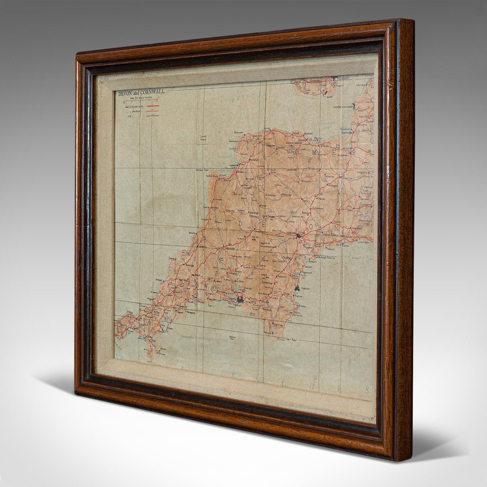 Mid-Century Modern Vintage Framed Map, English, Mahogany, Illustrated, Devon, Cornwall