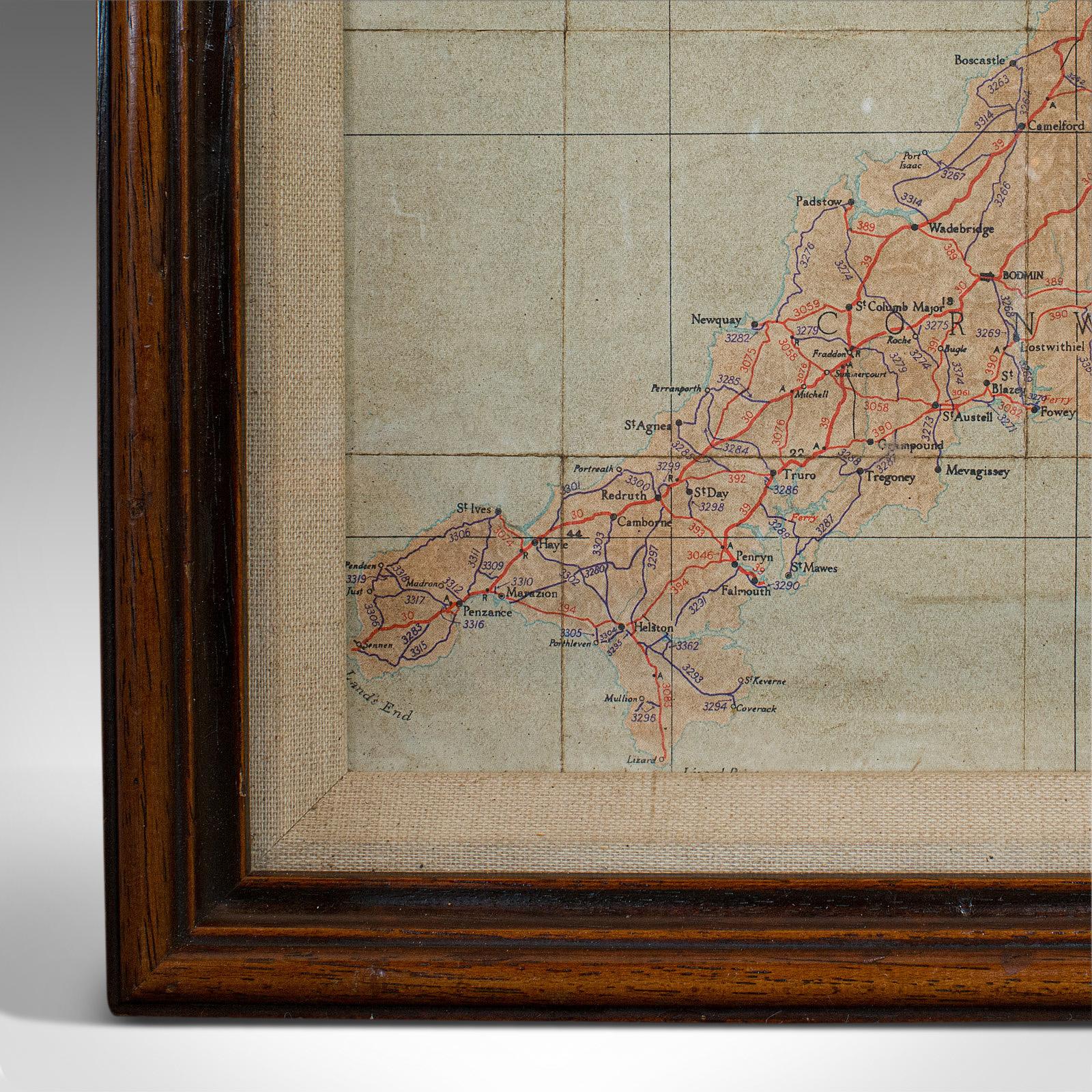 20th Century Vintage Framed Map, English, Mahogany, Illustrated, Devon, Cornwall