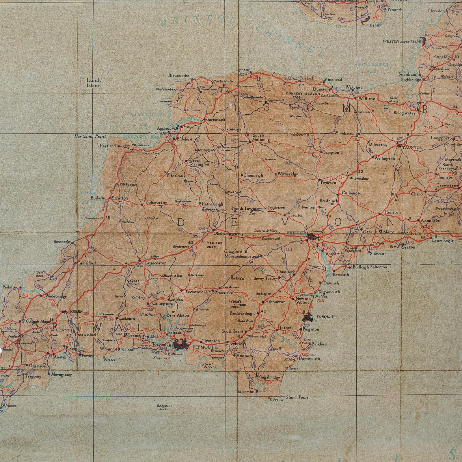 Vintage Framed Map, English, Mahogany, Illustrated, Devon, Cornwall 1