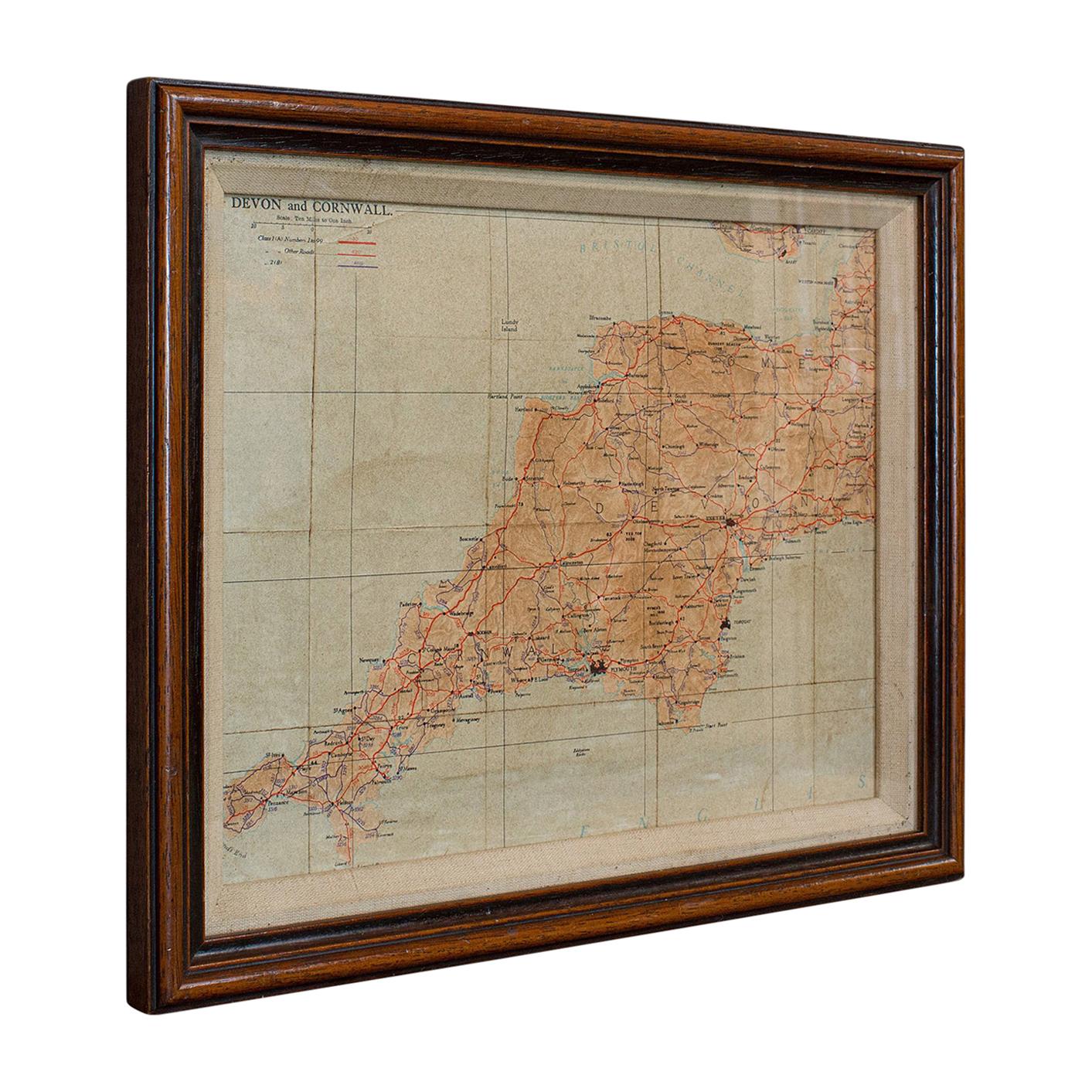 Vintage Framed Map, English, Mahogany, Illustrated, Devon, Cornwall