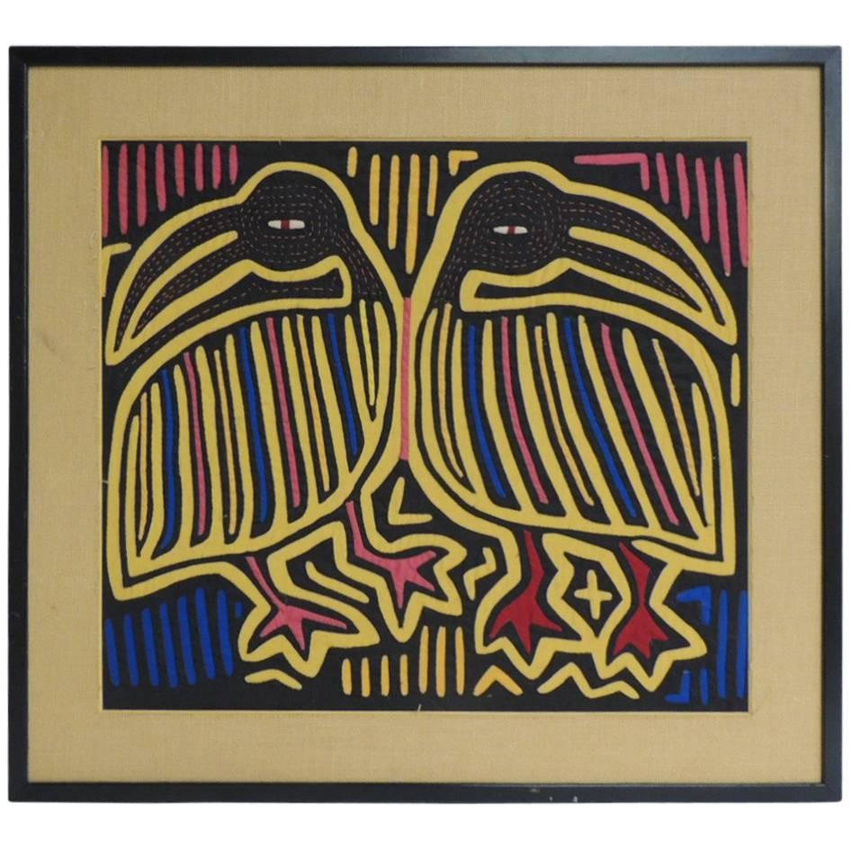 Vintage Framed "Mola" Tapestry Depicting Birds