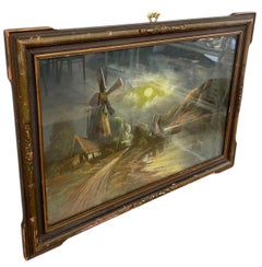 Vintage Framed Moonlit Windmill Landscape Painting with Coastal Harbor Scene.