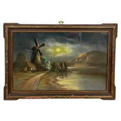 Vintage Framed Moonlit Windmill Landscape Painting with Coastal Harbor Scene.