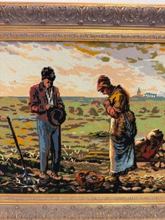 Vintage Framed Needlepoint Tapestry - The Angelus Inspired Embroidery Art