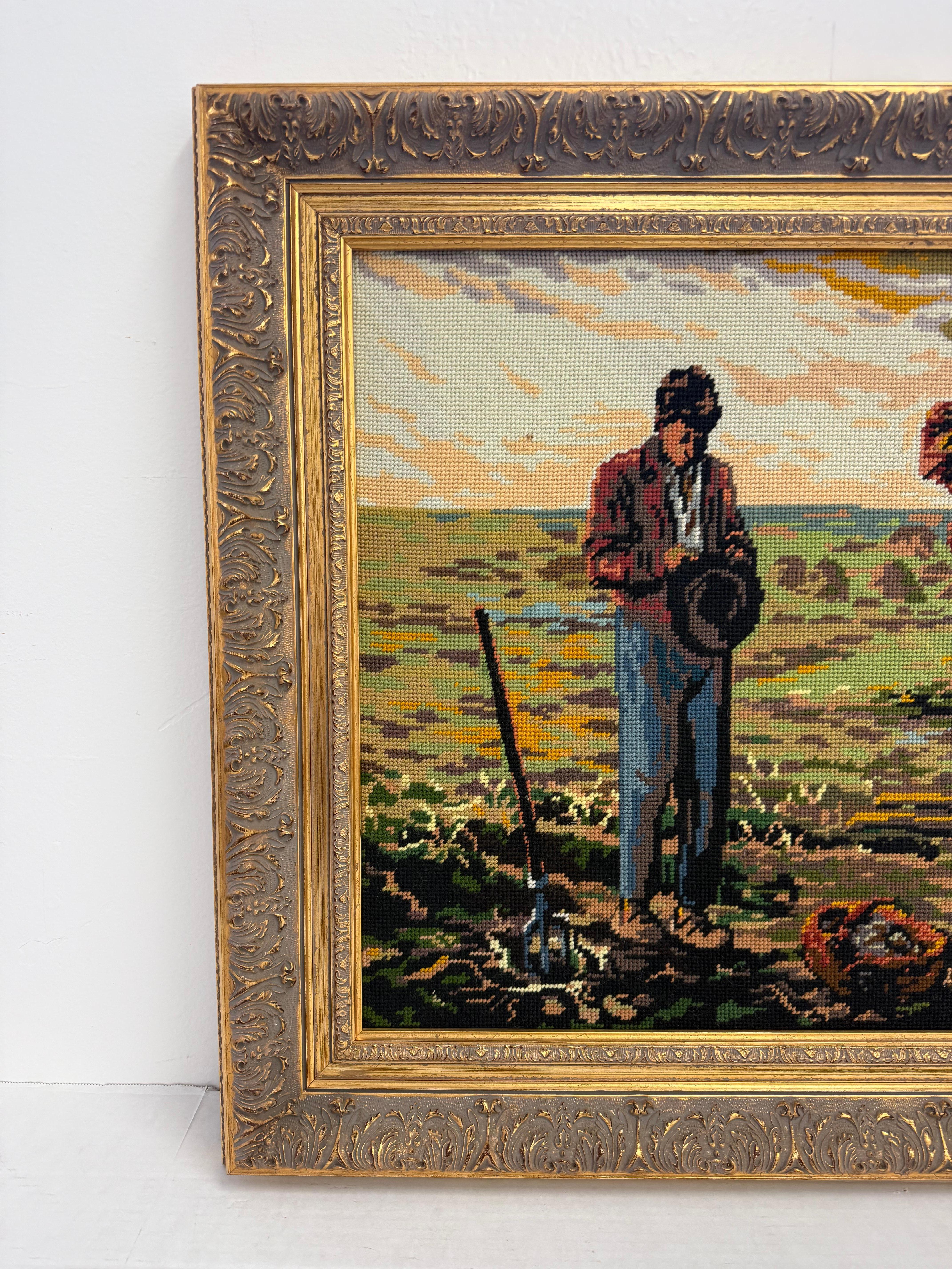 Rustique Tapisserie vintage encadrée à l'aiguille - Art de la broderie d'inspiration Angelus en vente
