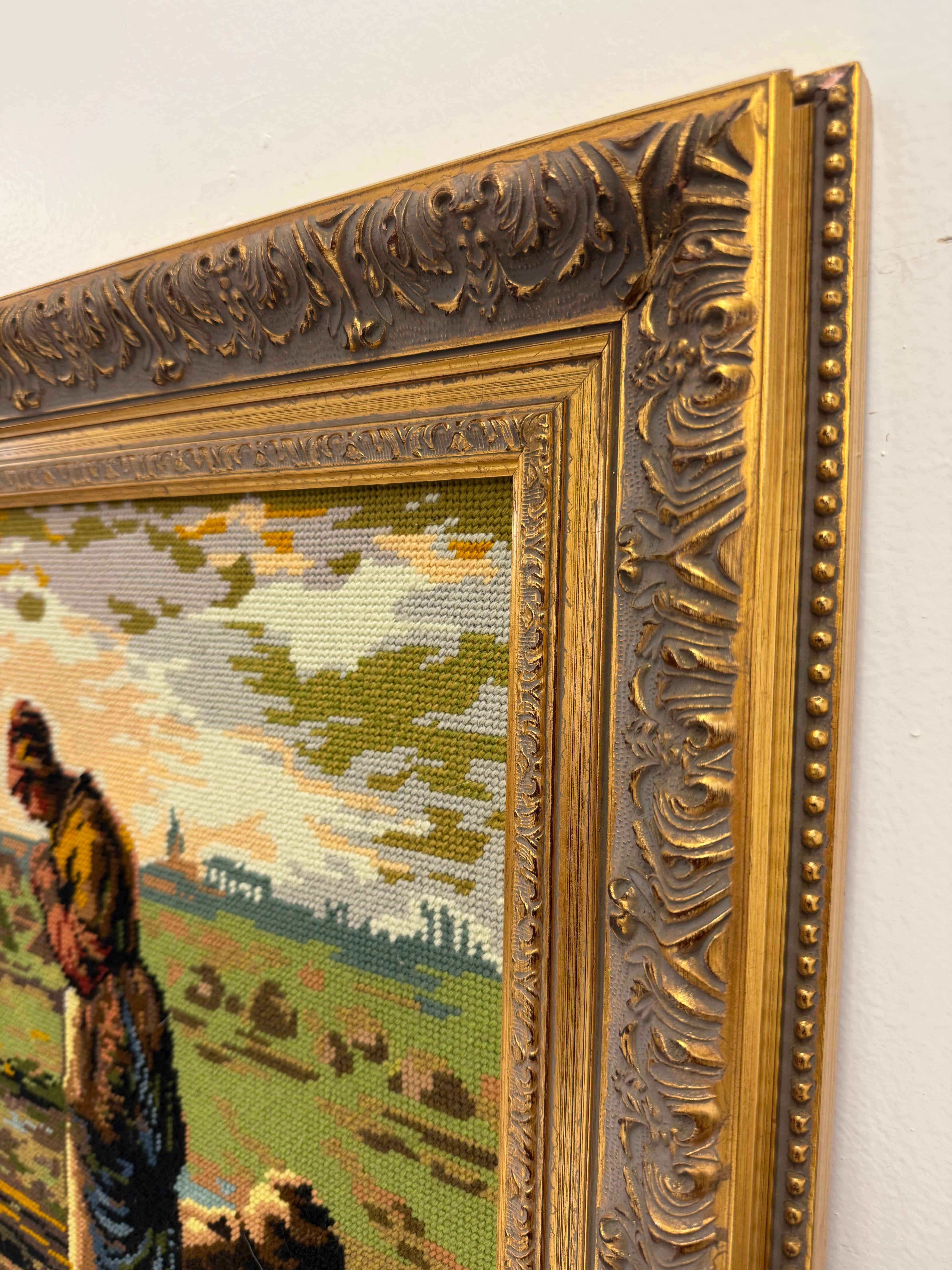 Fin du 20e siècle Tapisserie vintage encadrée à l'aiguille - Art de la broderie d'inspiration Angelus en vente