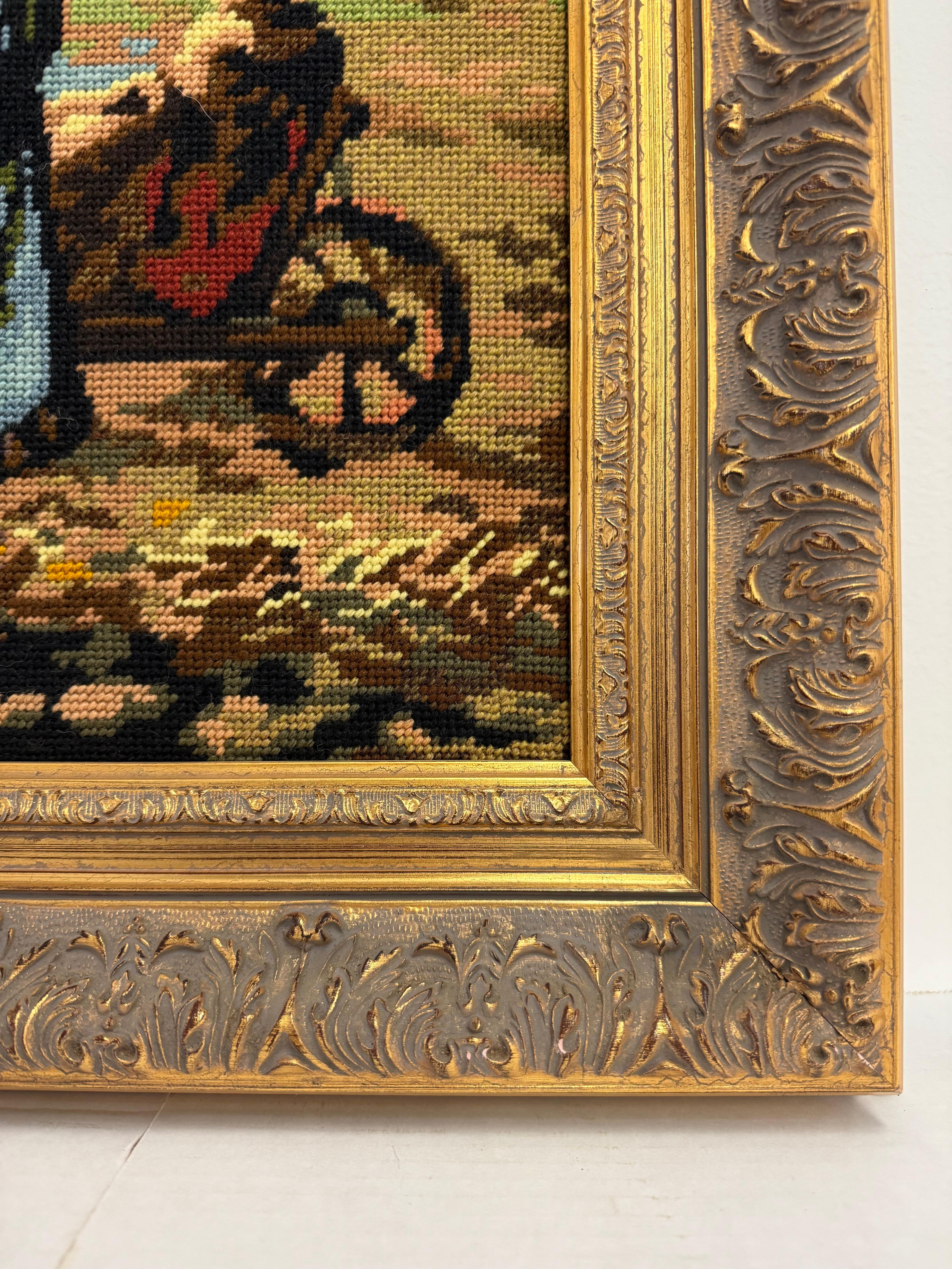 Textile Tapisserie vintage encadrée à l'aiguille - Art de la broderie d'inspiration Angelus en vente