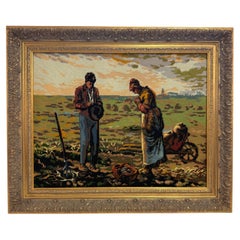 Vintage Framed Needlepoint Tapestry - The Angelus Inspired Embroidery Art