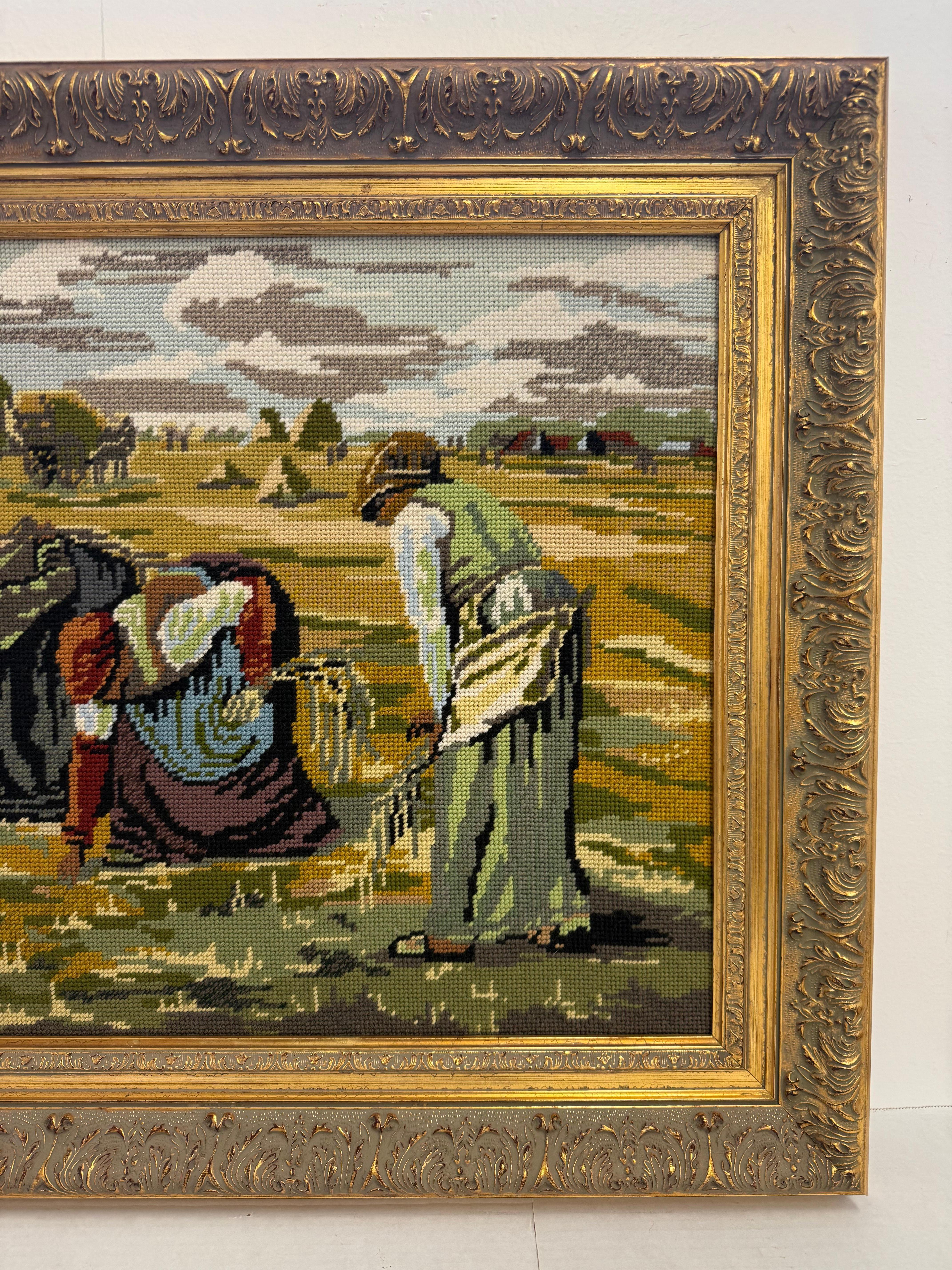 Gerahmter Vintage-Wandteppich mit Gobelinstickerei - The Gleaners inspirierte Stickerei-Kunst (Ende des 20. Jahrhunderts) im Angebot