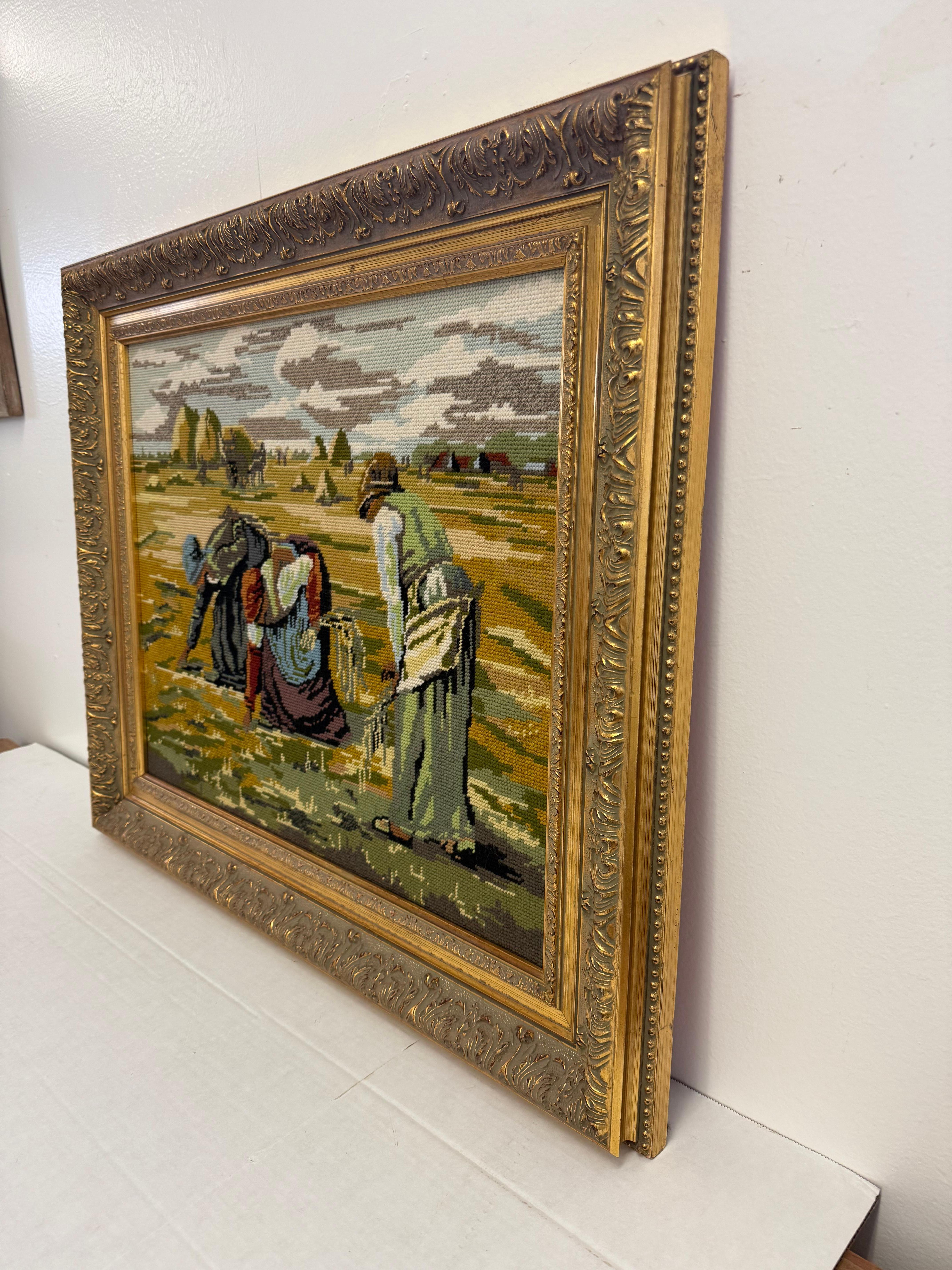 Gerahmter Vintage-Wandteppich mit Gobelinstickerei - The Gleaners inspirierte Stickerei-Kunst im Angebot 1
