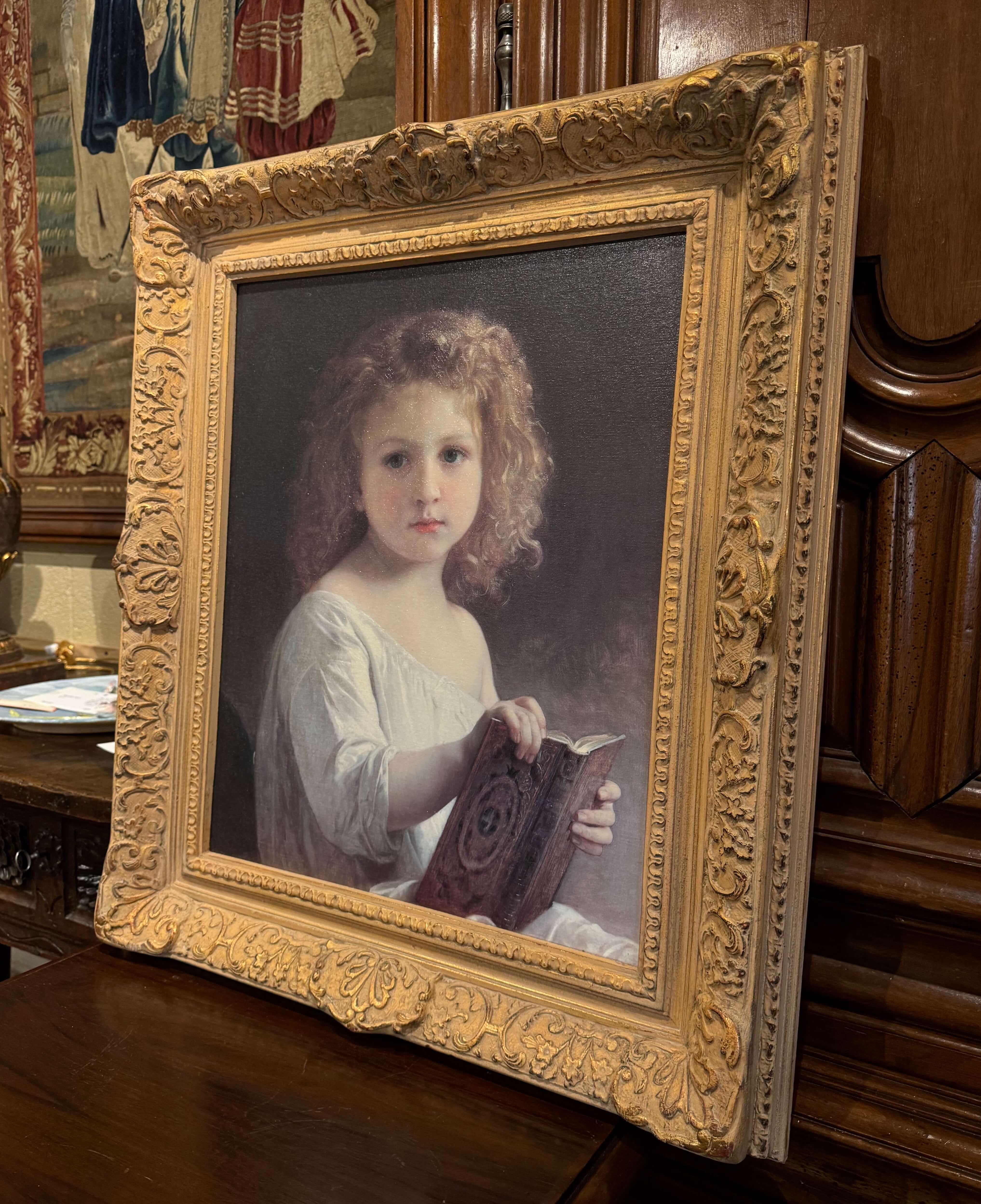 Decorate a lady's office or study with this elegant vintage oil on canvas painting. Created in France and set in a carved gilt frame, the hand painted canvas is a rendition of William-Adolphe Bouguereau 