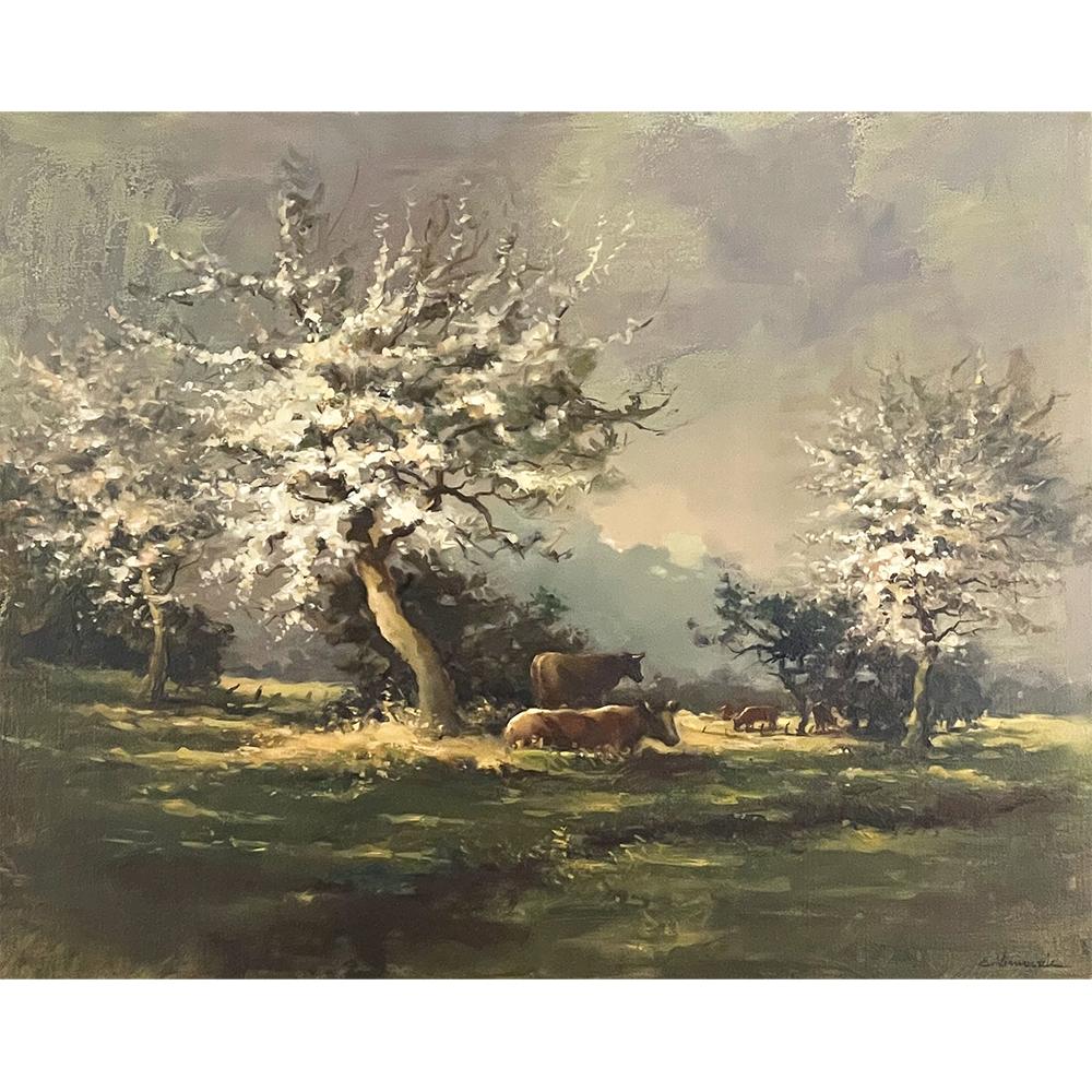 Vintage framed oil painting on canvas by E. Van Orden is a splendid Spring time pastoral whose subtle coloration and depiction of the most magical time of the year will bring a breath of fresh air to your decorating scheme! Painted just when the