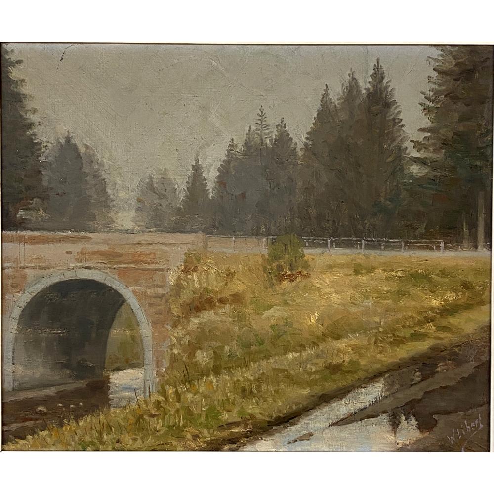 Vintage gerahmte Ölgemälde auf Leinwand von W. Libert ist eine ausgezeichnete post-impressionistisch beeinflusste Landschaft, die die Formen und Farben einer gemauerten Brücke auf einem Waldweg untersucht. Libert hat den Betrachter geschickt in die
