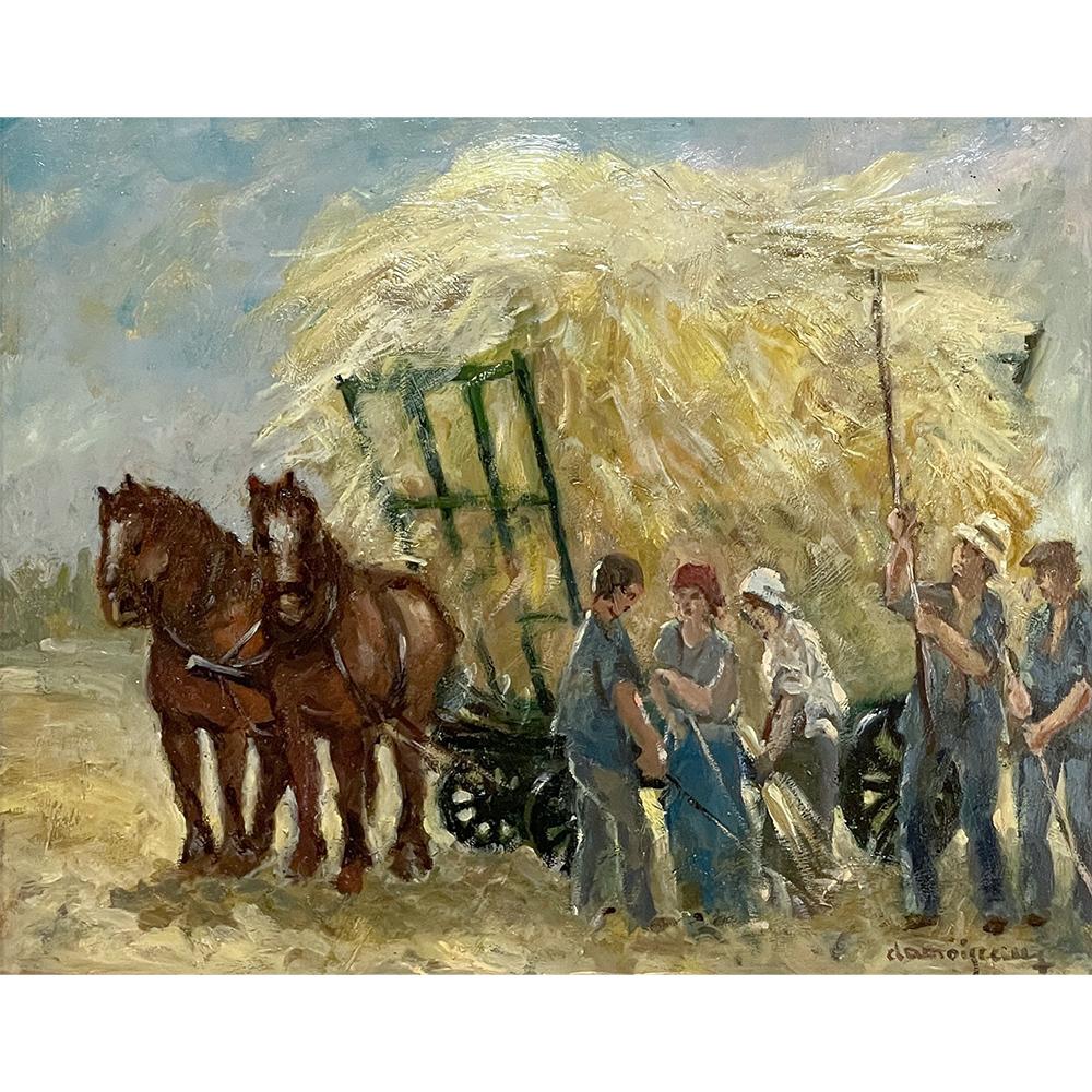 Vintage Framed Oil Painting on Panel by Dieudonne Damoiseaux (1918-2000) is a charming work depicting the hay harvest. Two steadfast steeds stand ready to draw the impressively full cart that thanks to its cargo of hay is not terribly heavy. A group