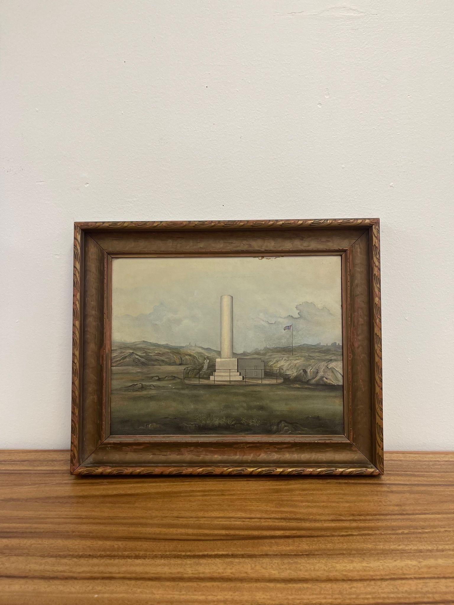 It’s Vintage Unsigned Painting Contains the Norway Flag in the Background and has a white Monument at Center. Possibly Oil on Canvas. Frame and Painting are Petina with Age. Vintage Condition Consistent with Age as Pictured.

Dimensions. 15 W ; 1 D