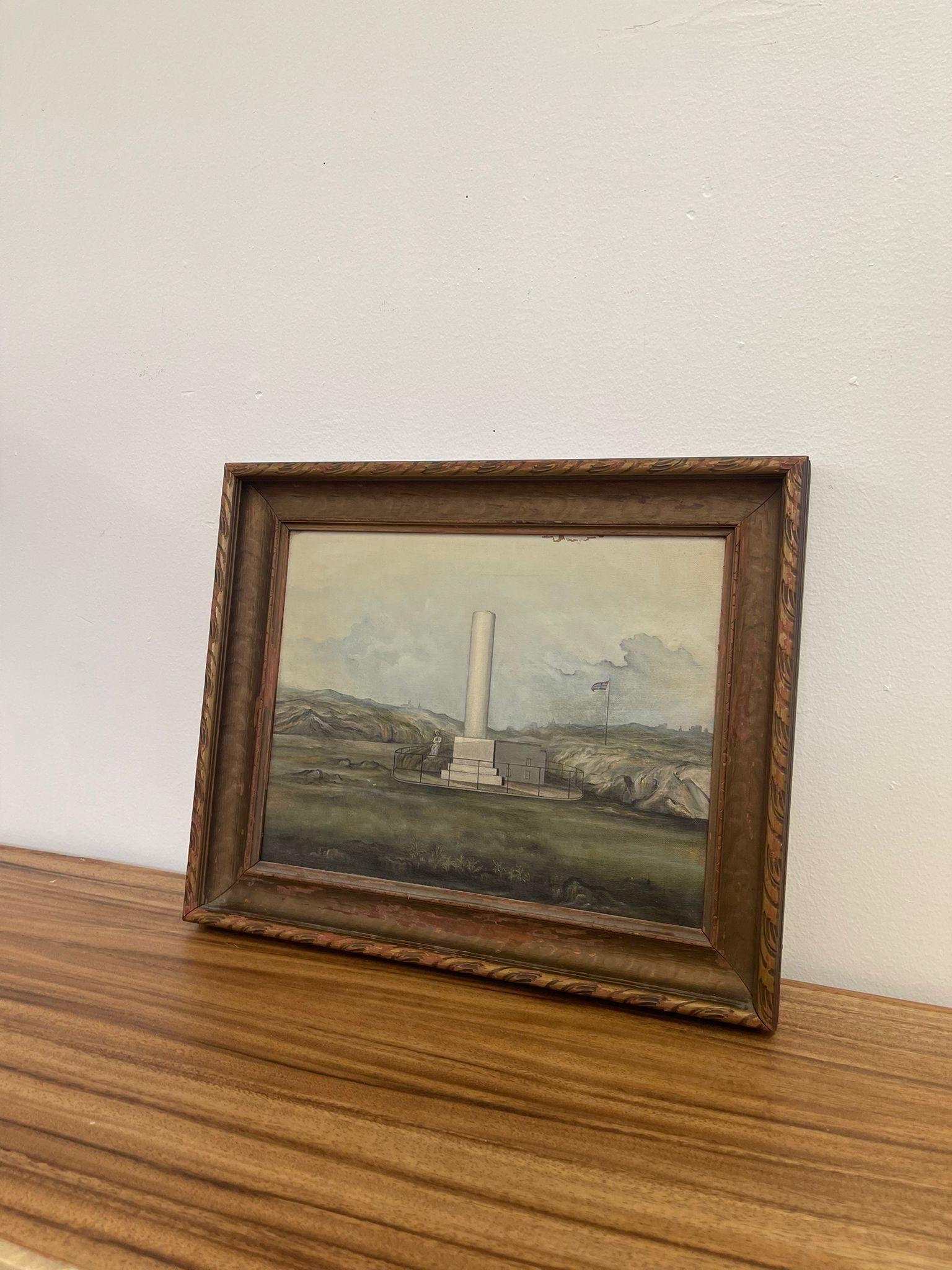 Mid-Century Modern Vintage Framed Original Painting of Norwegian Country and Monument. For Sale