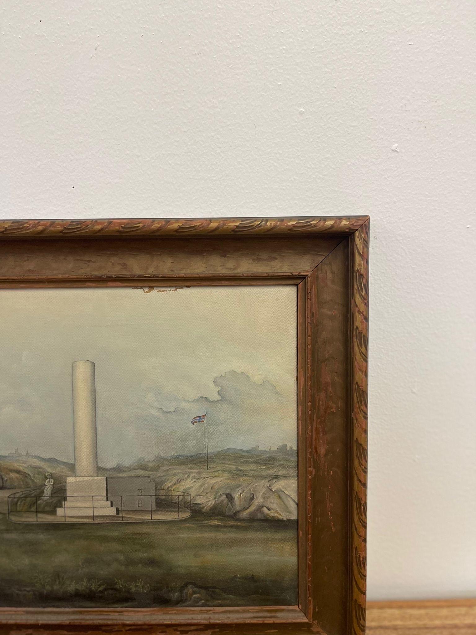 Late 20th Century Vintage Framed Original Painting of Norwegian Country and Monument. For Sale