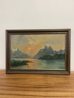 Vintage Framed Original Painting Sunset Over Lake Possibly. Circa 1930s.