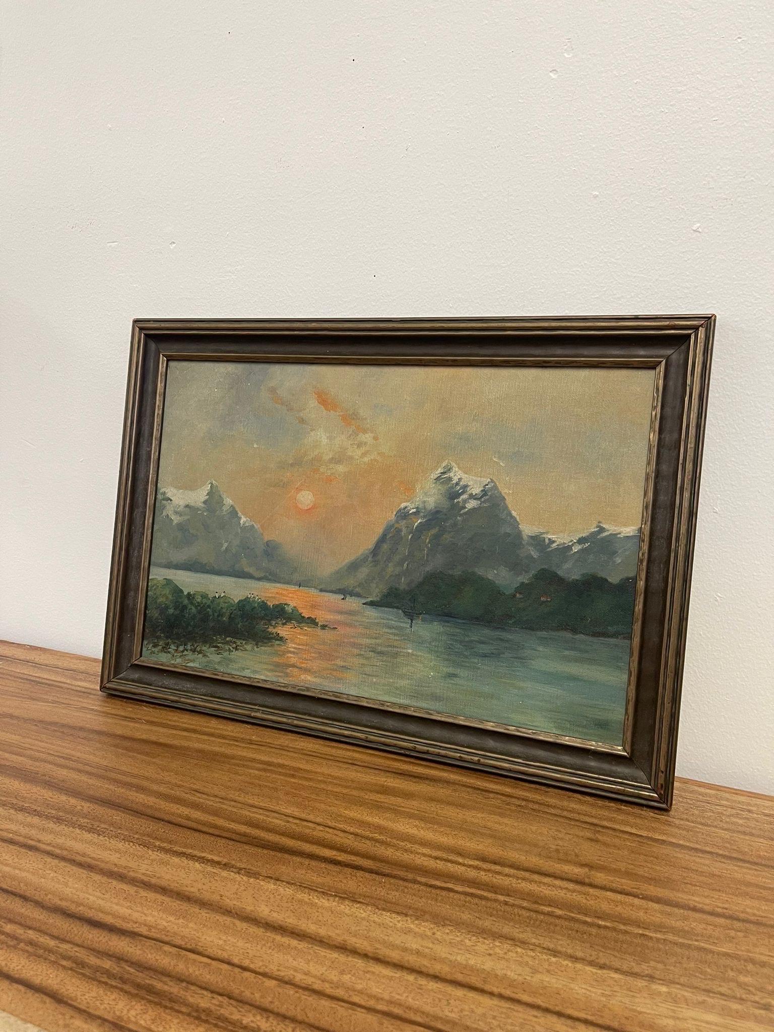 Mid-Century Modern Vintage Framed Original Painting Sunset Over Lake Possibly. Circa 1930s. For Sale