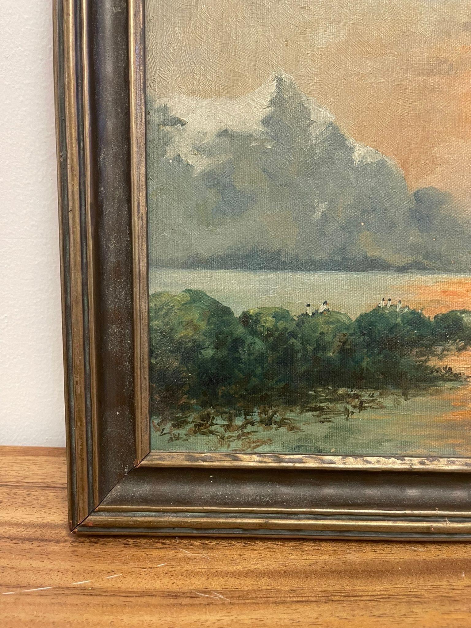 Peinture originale vintage encadrée Coucher de soleil sur un lac Possiblement. Circa 1930s. Bon état - En vente à Seattle, WA