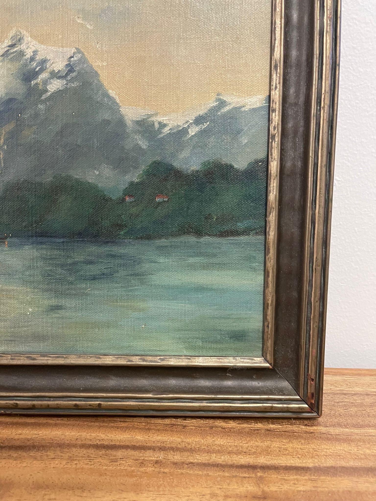Milieu du XXe siècle Peinture originale vintage encadrée Coucher de soleil sur un lac Possiblement. Circa 1930s. en vente