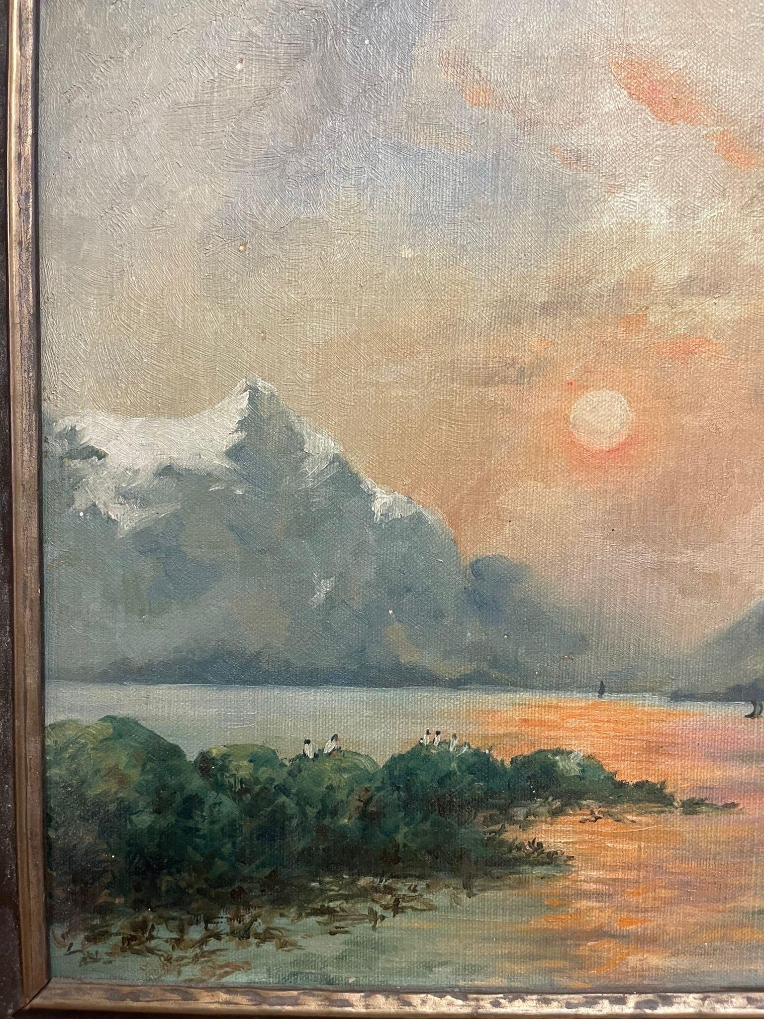 Peinture originale vintage encadrée Coucher de soleil sur un lac Possiblement. Circa 1930s. en vente 2