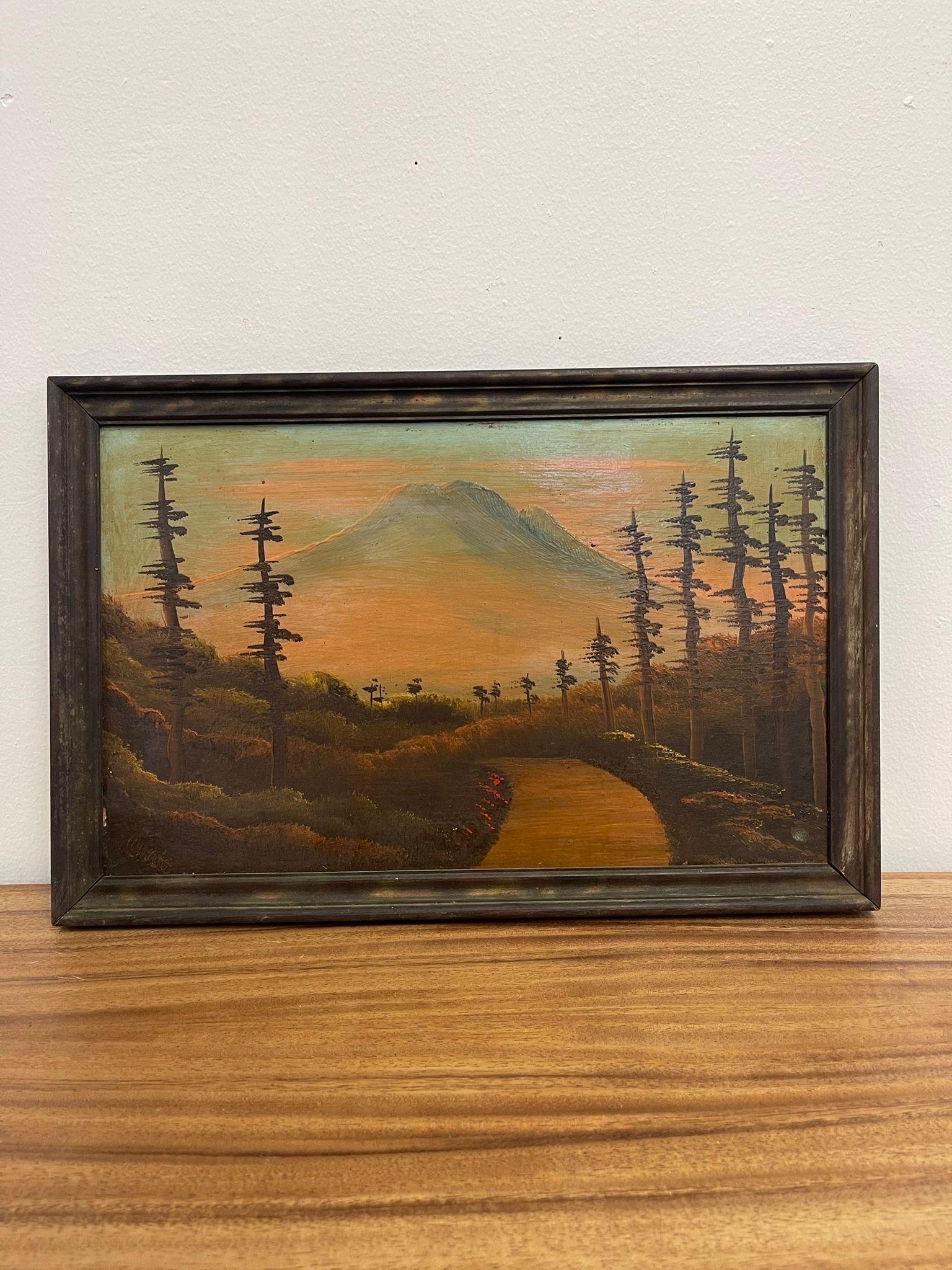 Possibly 1930s, due to Age of Frame and Petina on Painting. Possibly Oil or Acrylic on Canvas. Mountain Forest Scene. Vintage Condition Consistent with Age as Pictured.

Dimensions. 11 W ; 3/4 D ; 6 H