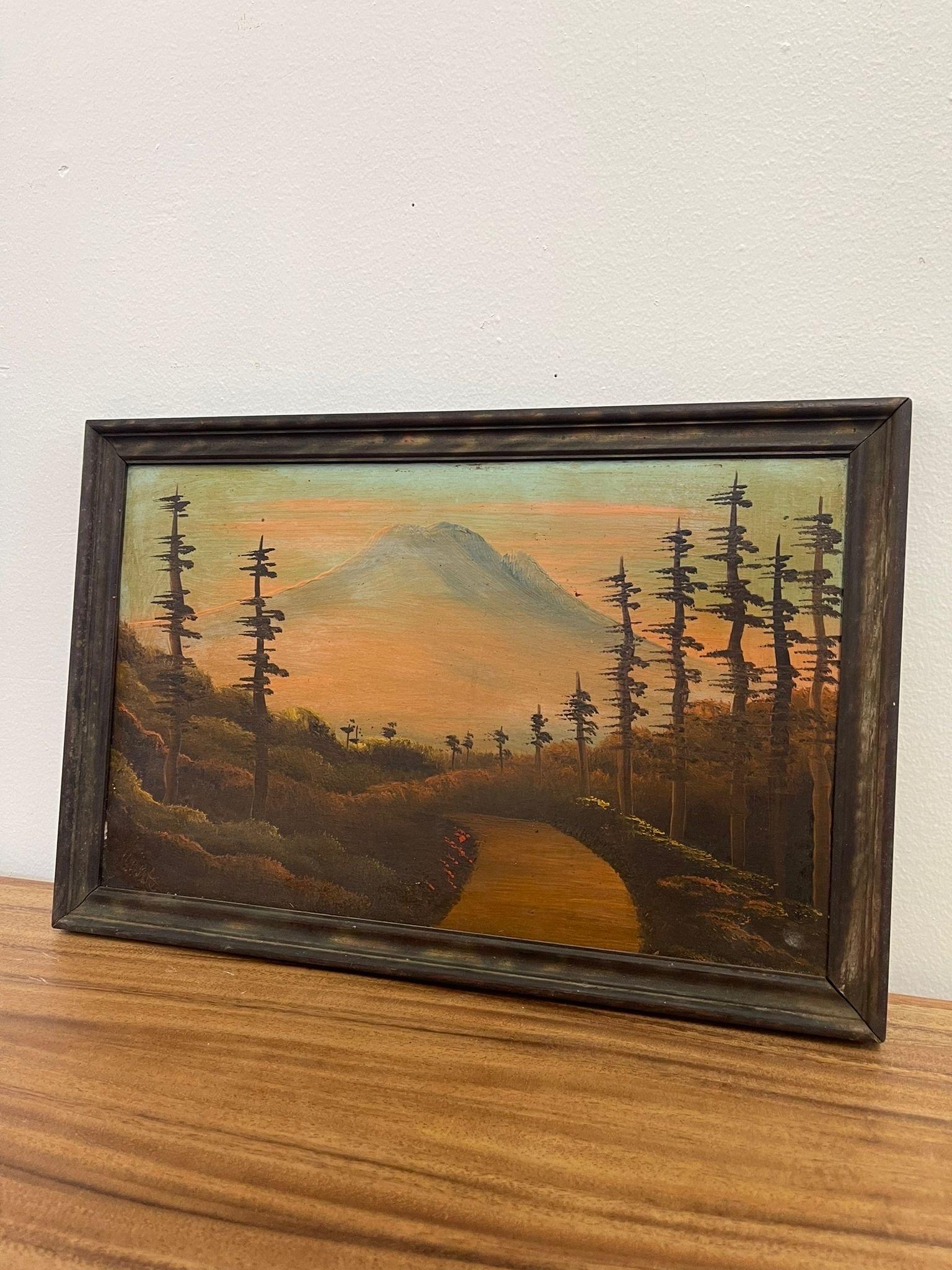Mid-Century Modern Vintage Framed Original Signed Painting of Mount Rainier. For Sale
