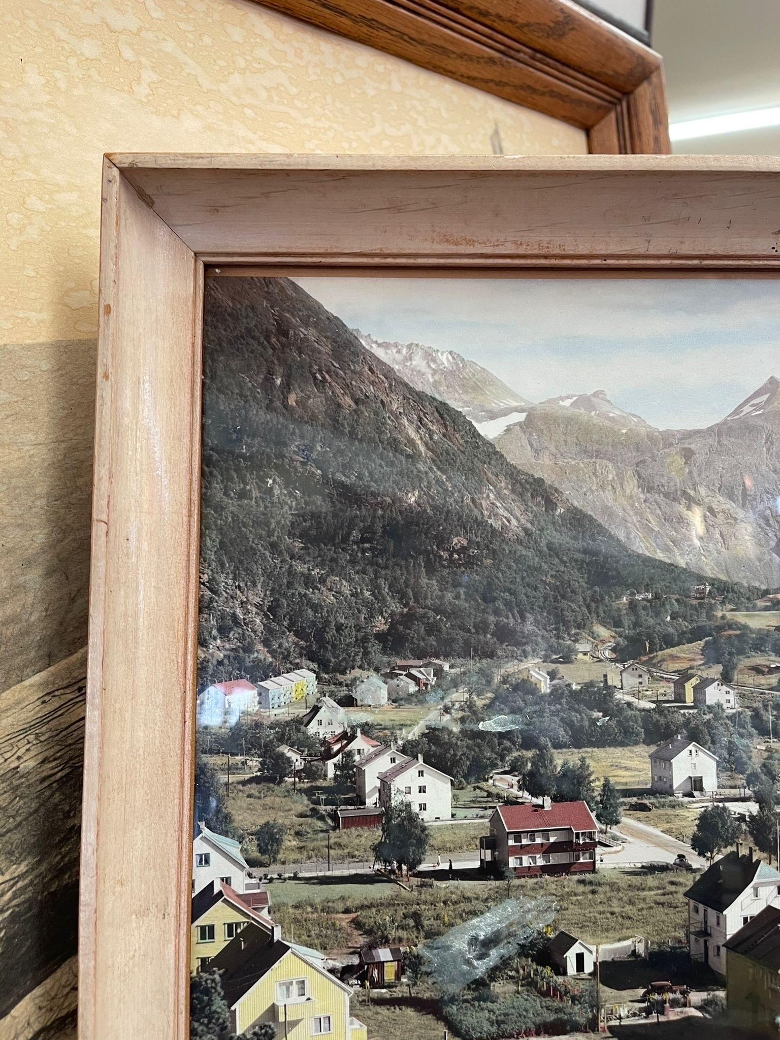 Mid-Century Modern Vintage Framed Original Tinted Photograph of Mountain Side Cityscape. For Sale