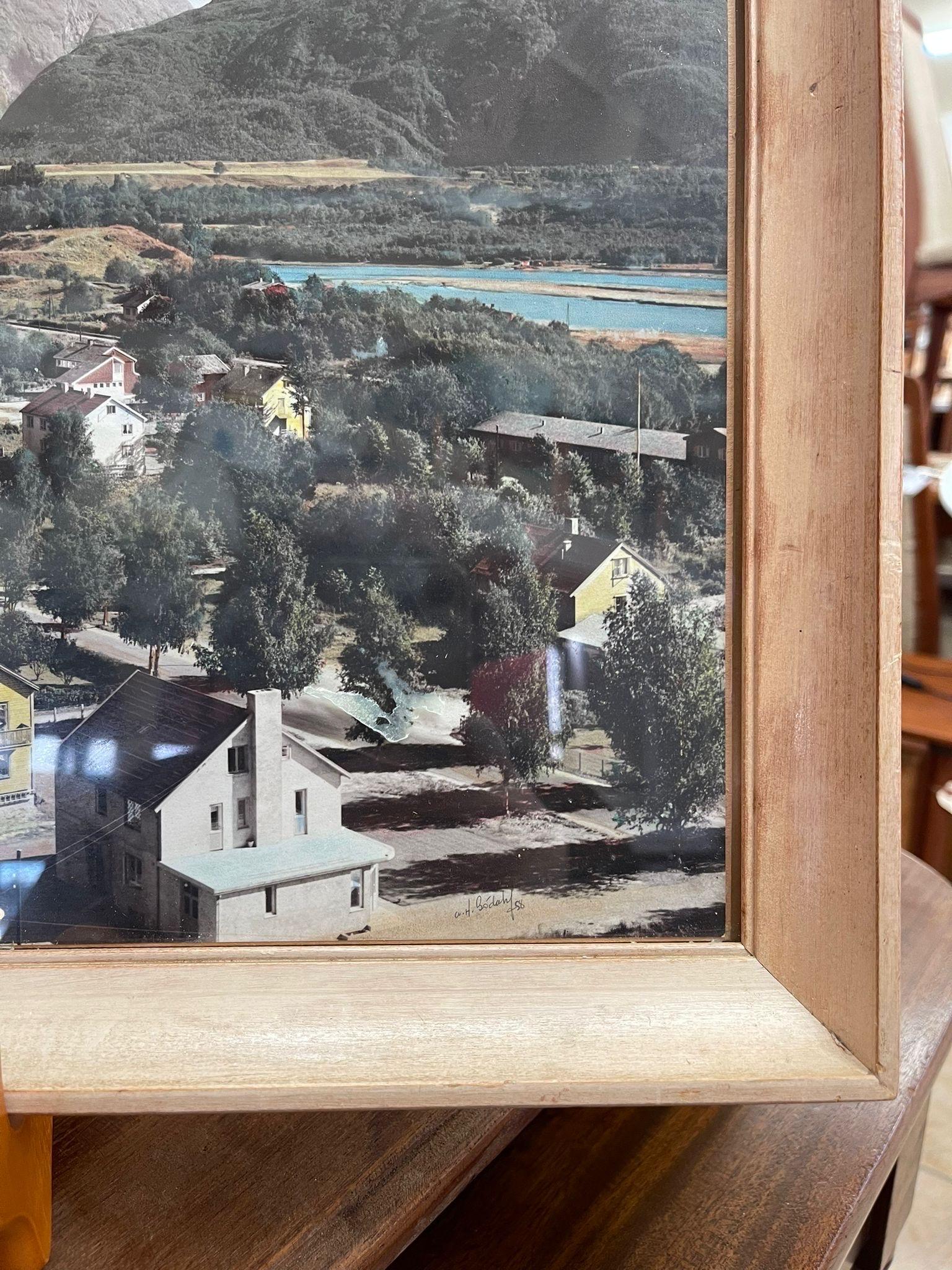 Wood Vintage Framed Original Tinted Photograph of Mountain Side Cityscape. For Sale