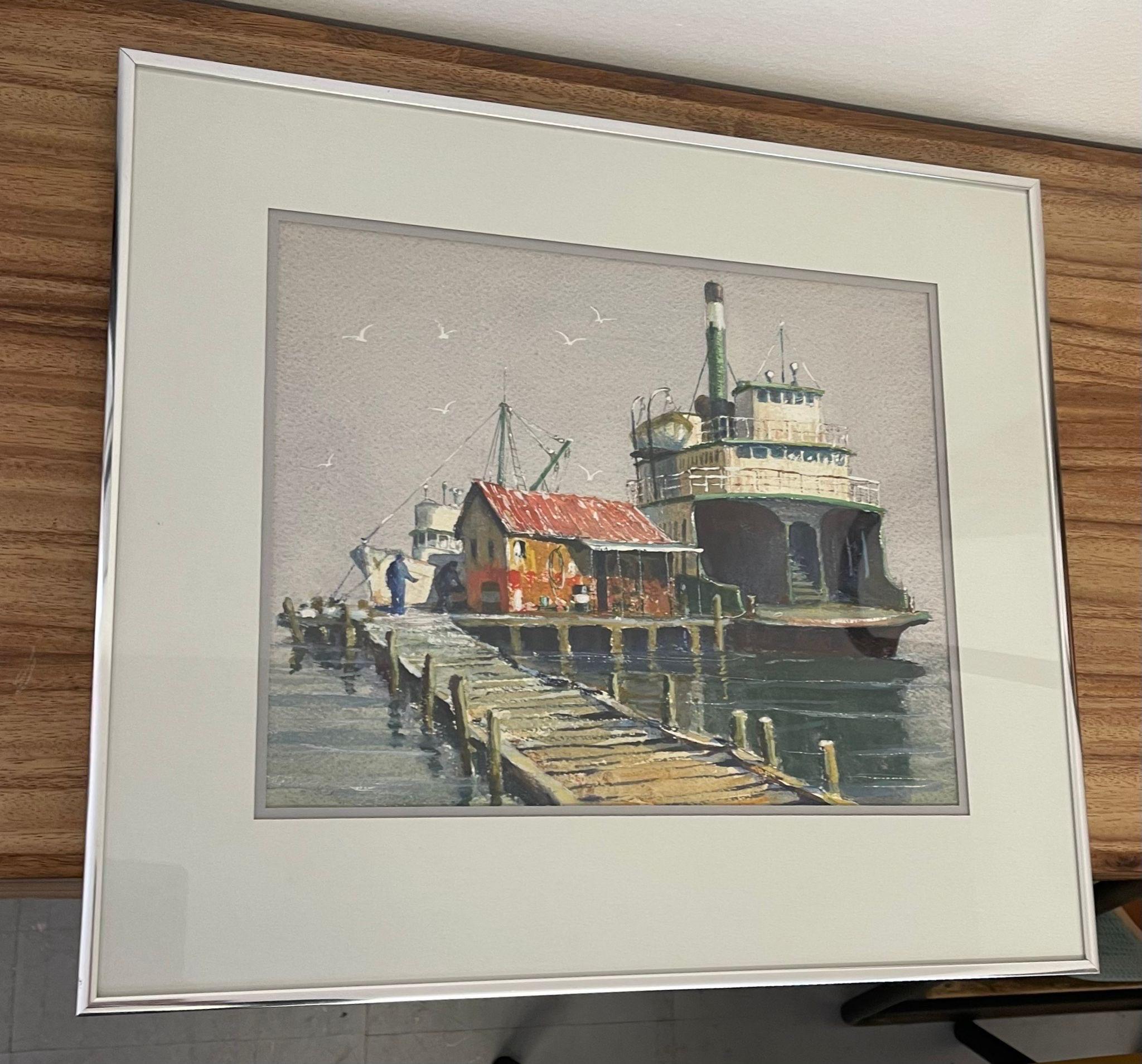 Professionally framed and matted scenic watercolor of boat house and ferry. Silver toned frame. More information about the Painting shown on the back. Vintage Condition Consistent with Age as Pictured.

Dimensions. 18 W ; 1/4 D ; 16 H
