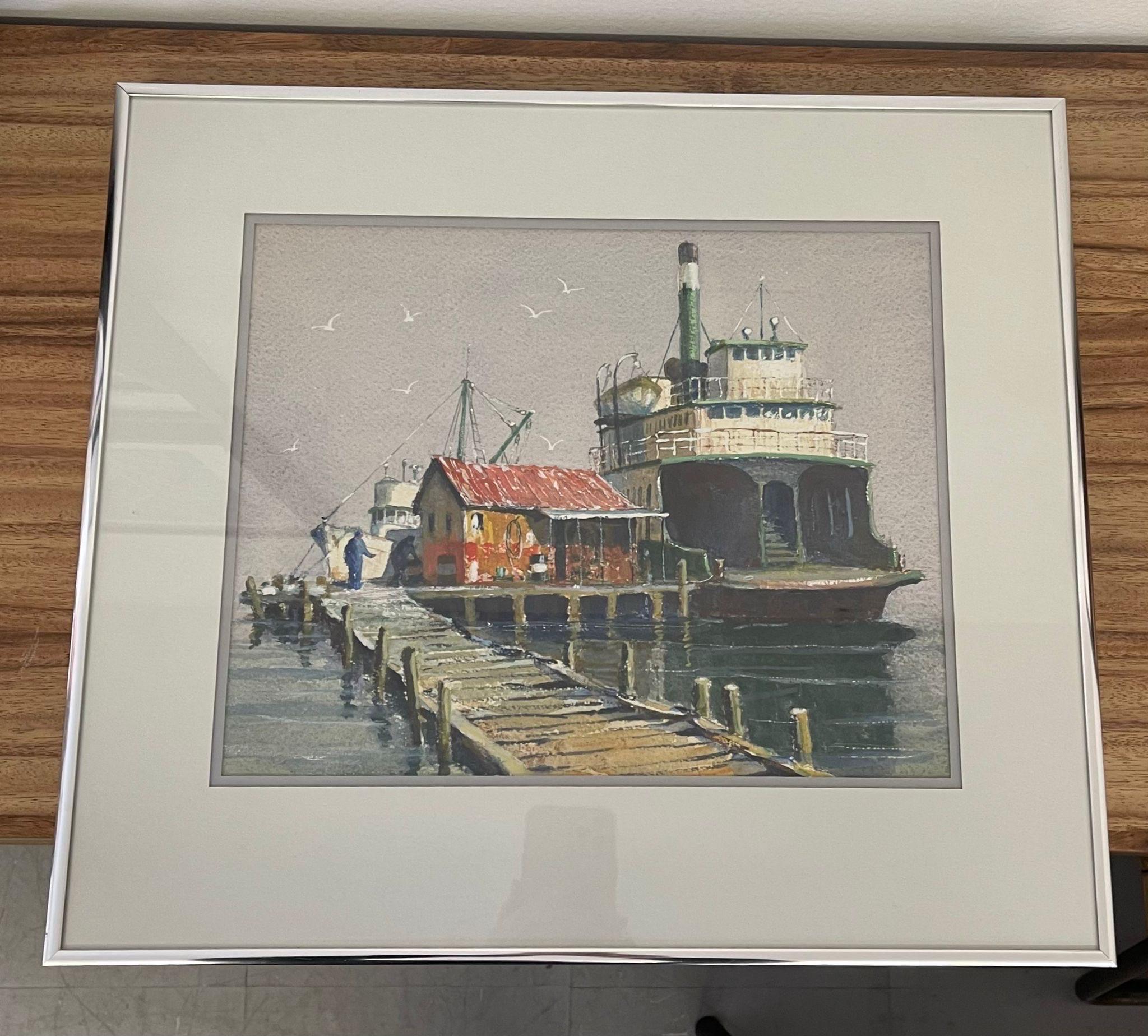 Mid-Century Modern Vintage Framed Original Watercolor Titled “ Ferry for Sale “ by Coe For Sale
