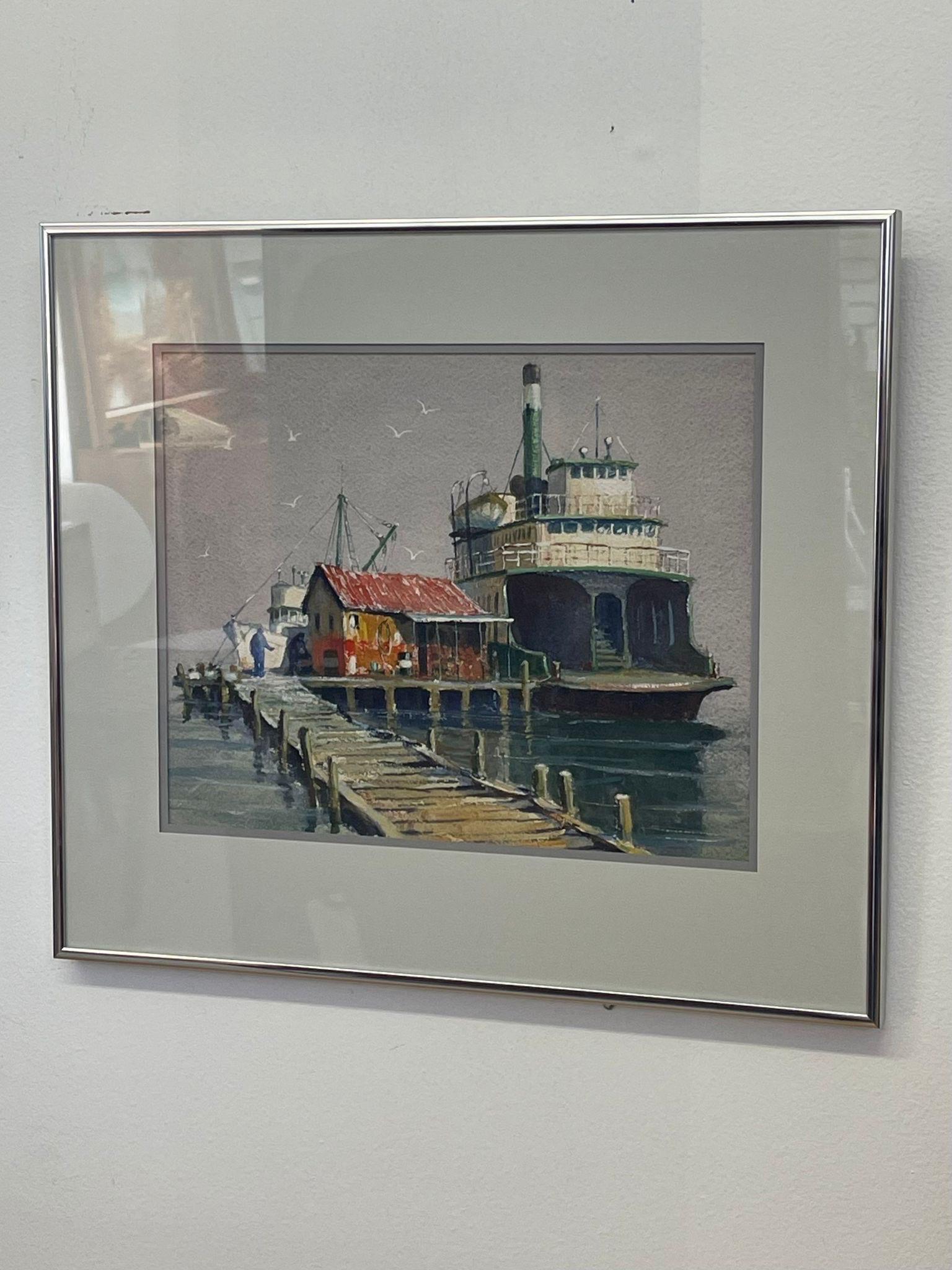 Vintage Framed Original Watercolor Titled “ Ferry for Sale “ by Coe In Good Condition For Sale In Seattle, WA
