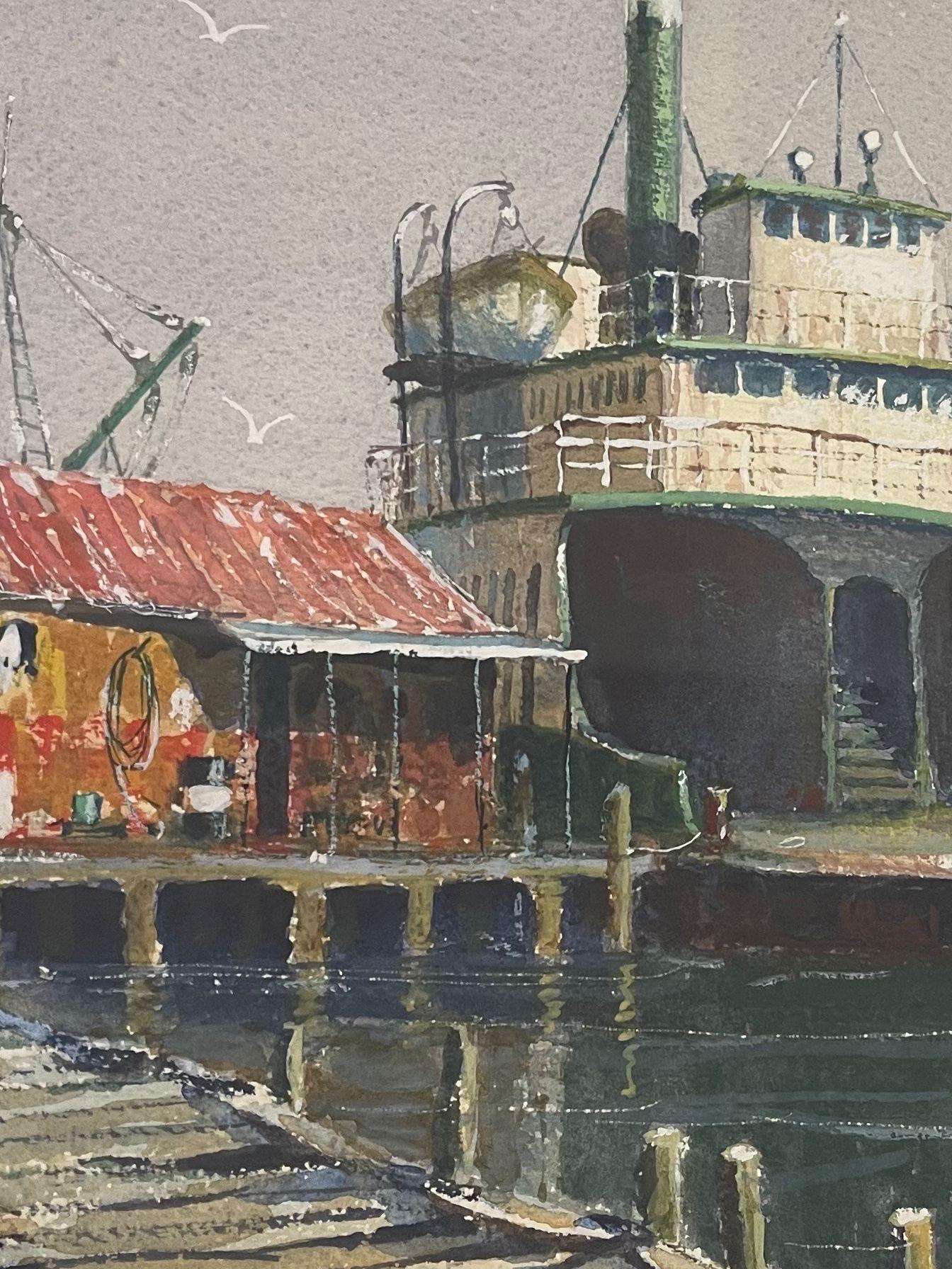 Late 20th Century Vintage Framed Original Watercolor Titled “ Ferry for Sale “ by Coe For Sale