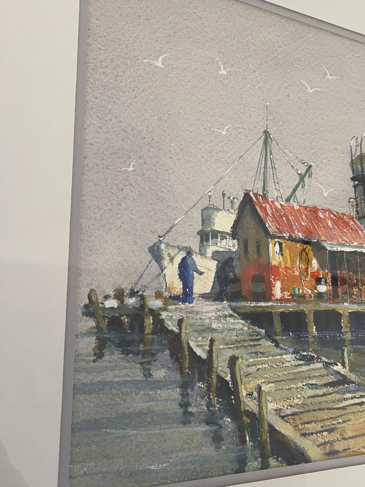 Argent Aquarelle originale encadrée intitulée Ferry for Sale par Coe en vente