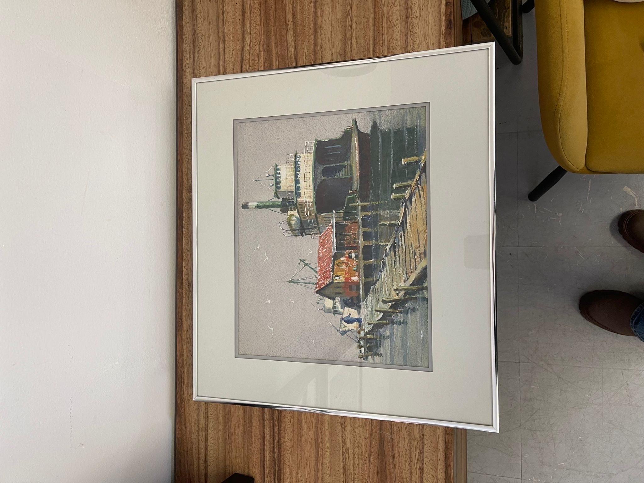 Vintage Framed Original Watercolor Titled “ Ferry for Sale “ by Coe For Sale 1