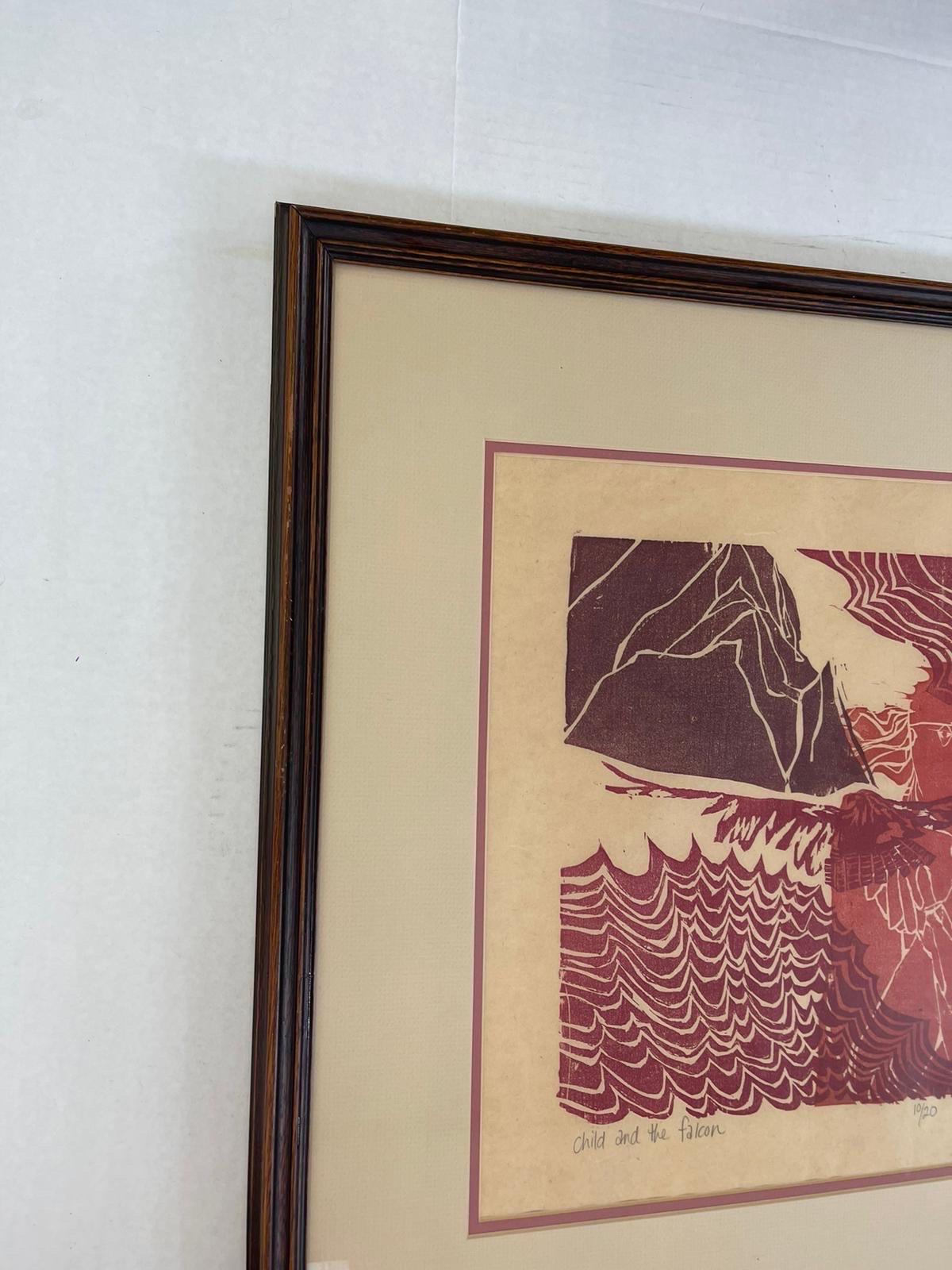 Vintage Framed Original Wood Cut Artwork “ the Child and the Falcon “ by Kate In Good Condition For Sale In Seattle, WA