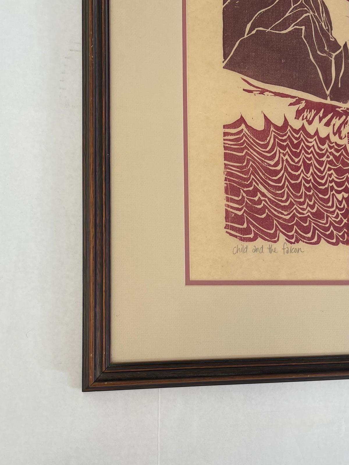 Late 20th Century Vintage Framed Original Wood Cut Artwork “ the Child and the Falcon “ by Kate For Sale