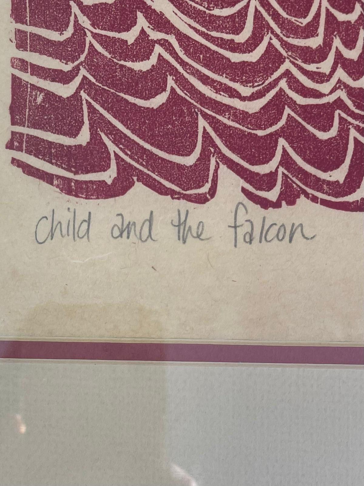 Vintage Framed Original Wood Cut Artwork “ the Child and the Falcon “ by Kate For Sale 2