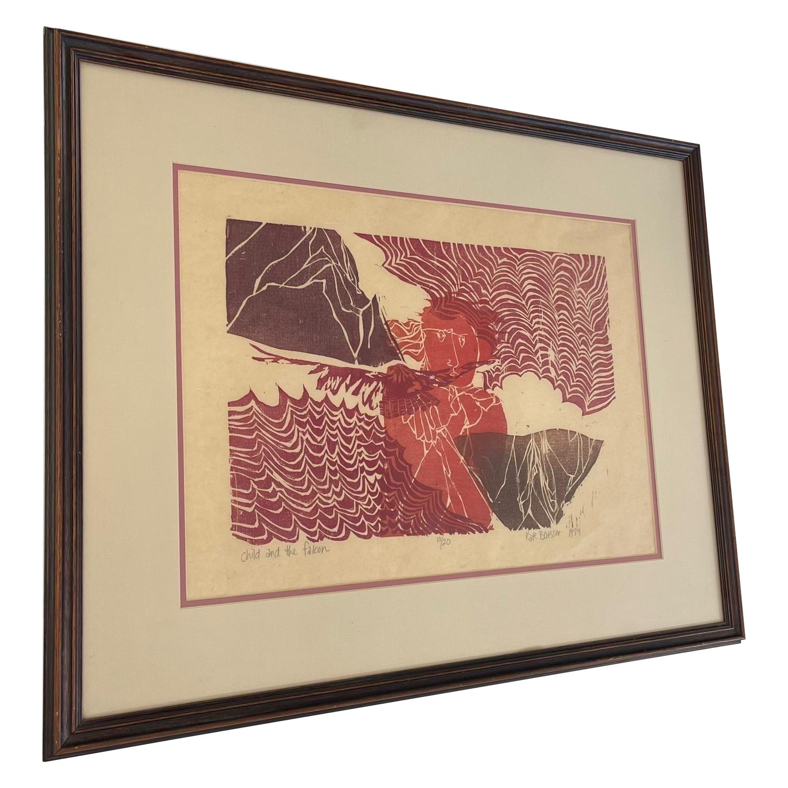 Gerahmtes Original-Kunstwerk im Holzschliff „The Child and the Falcon“ von Kate, Vintage im Angebot