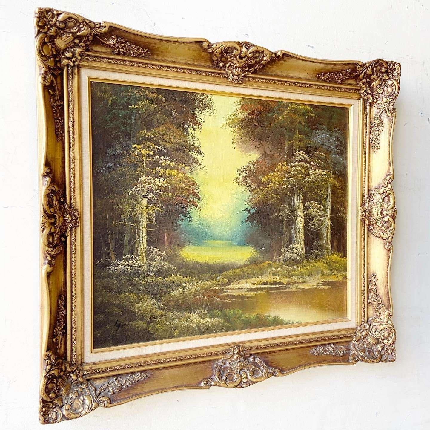 Exceptional vintage hand painted oil on canvas in an ornate wooden frame. Subject is a pathway into a dim nature.