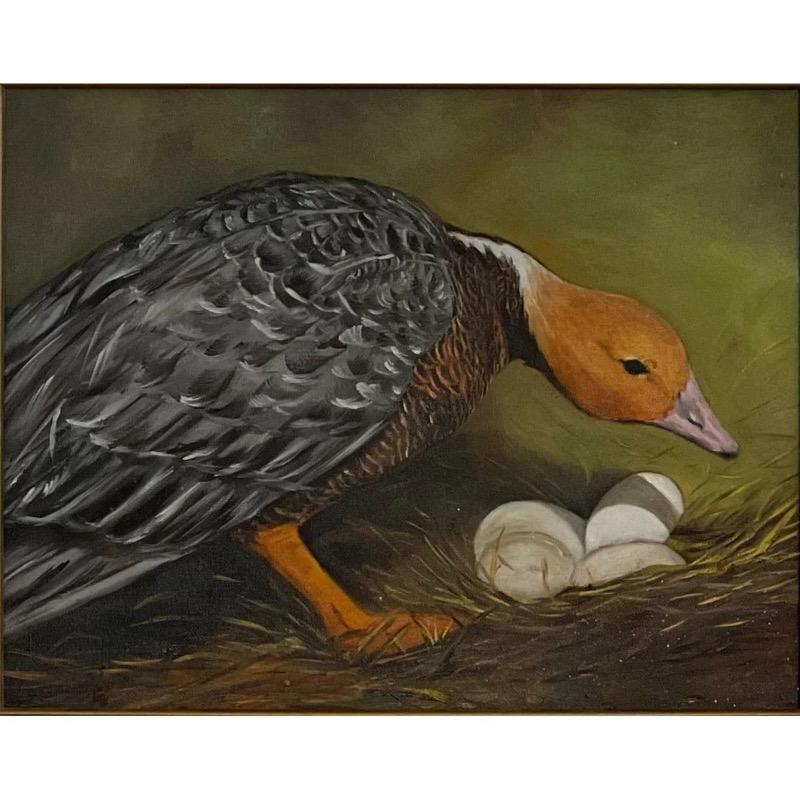  Beautifully framed painting depicting a bird tending to its nest. Details is in credible with nice colors. Seems to be a patina to the overall piece.

Dimensions. 18 W ; 3/4 D ; 15 H