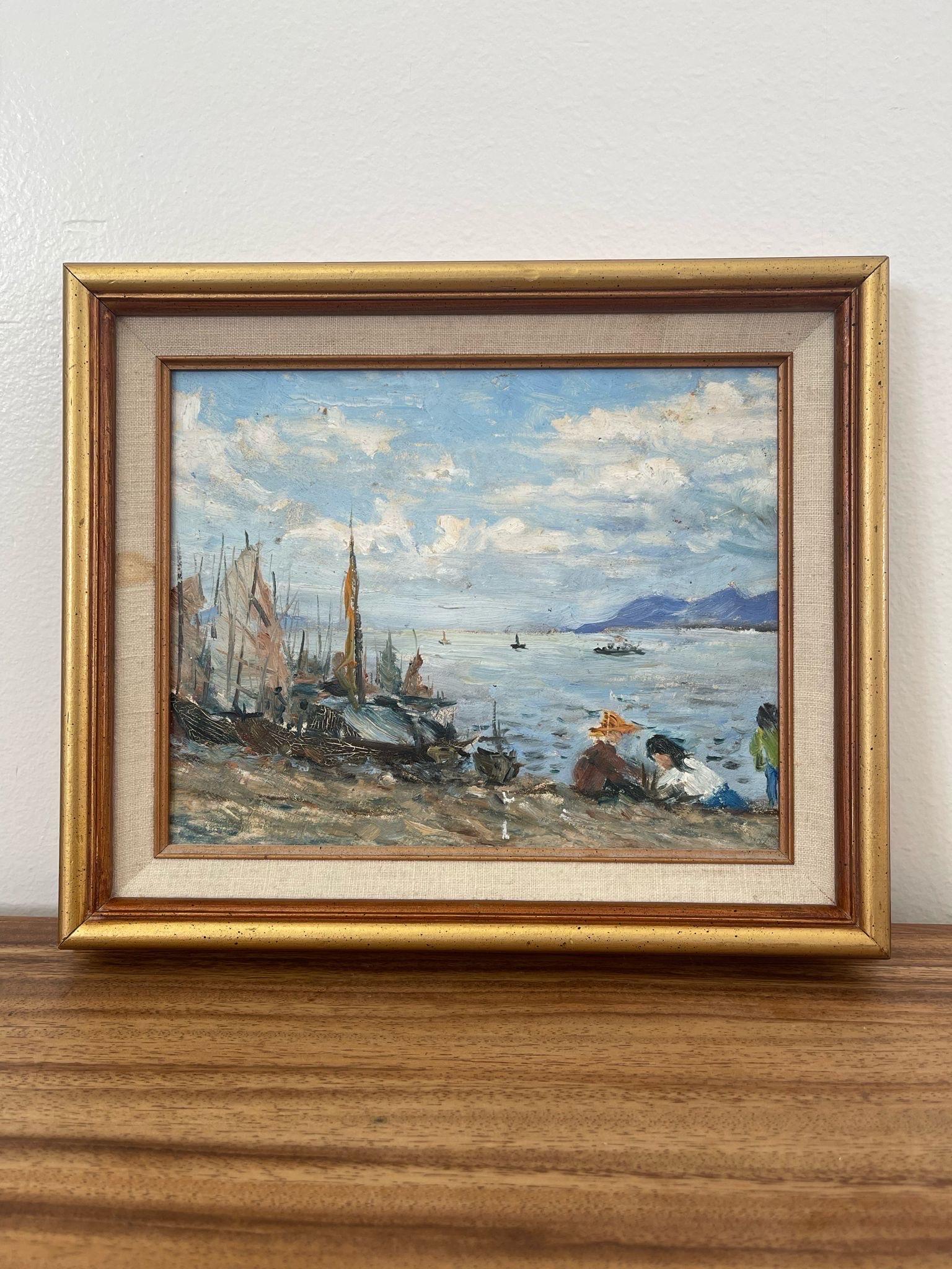 Mid-Century Modern Vintage Framed Painting of Beach Scene. For Sale
