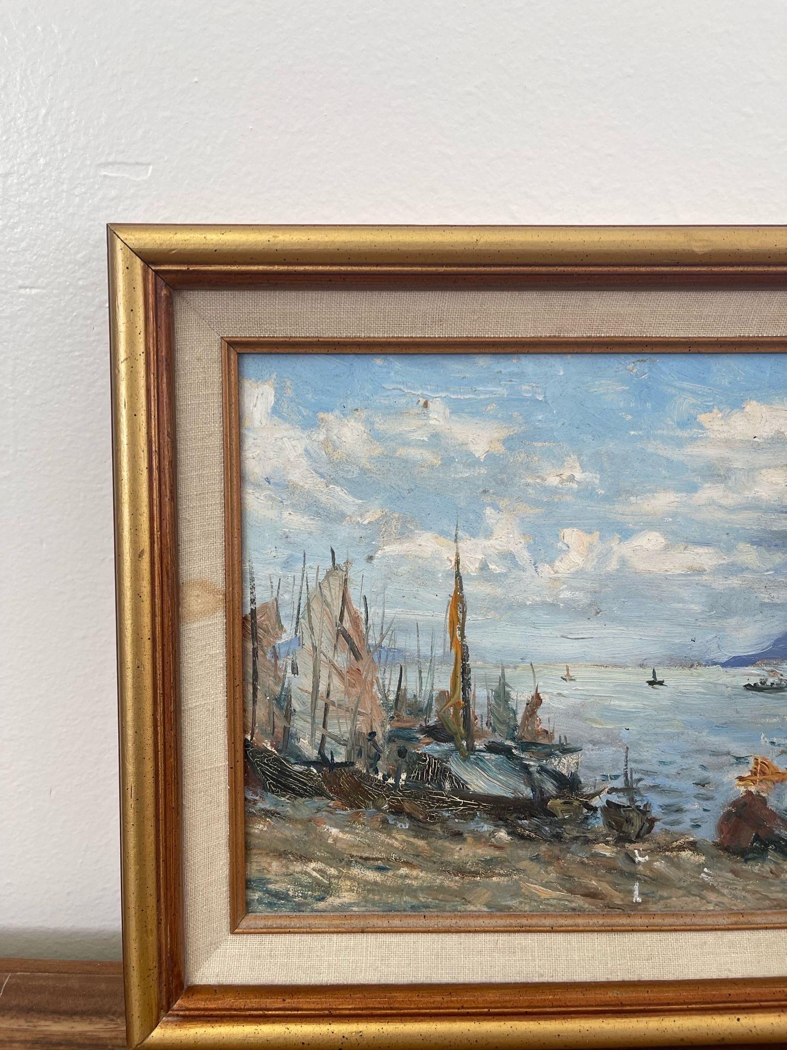 Peinture vintage encadrée d'une scène de plage. Bon état - En vente à Seattle, WA