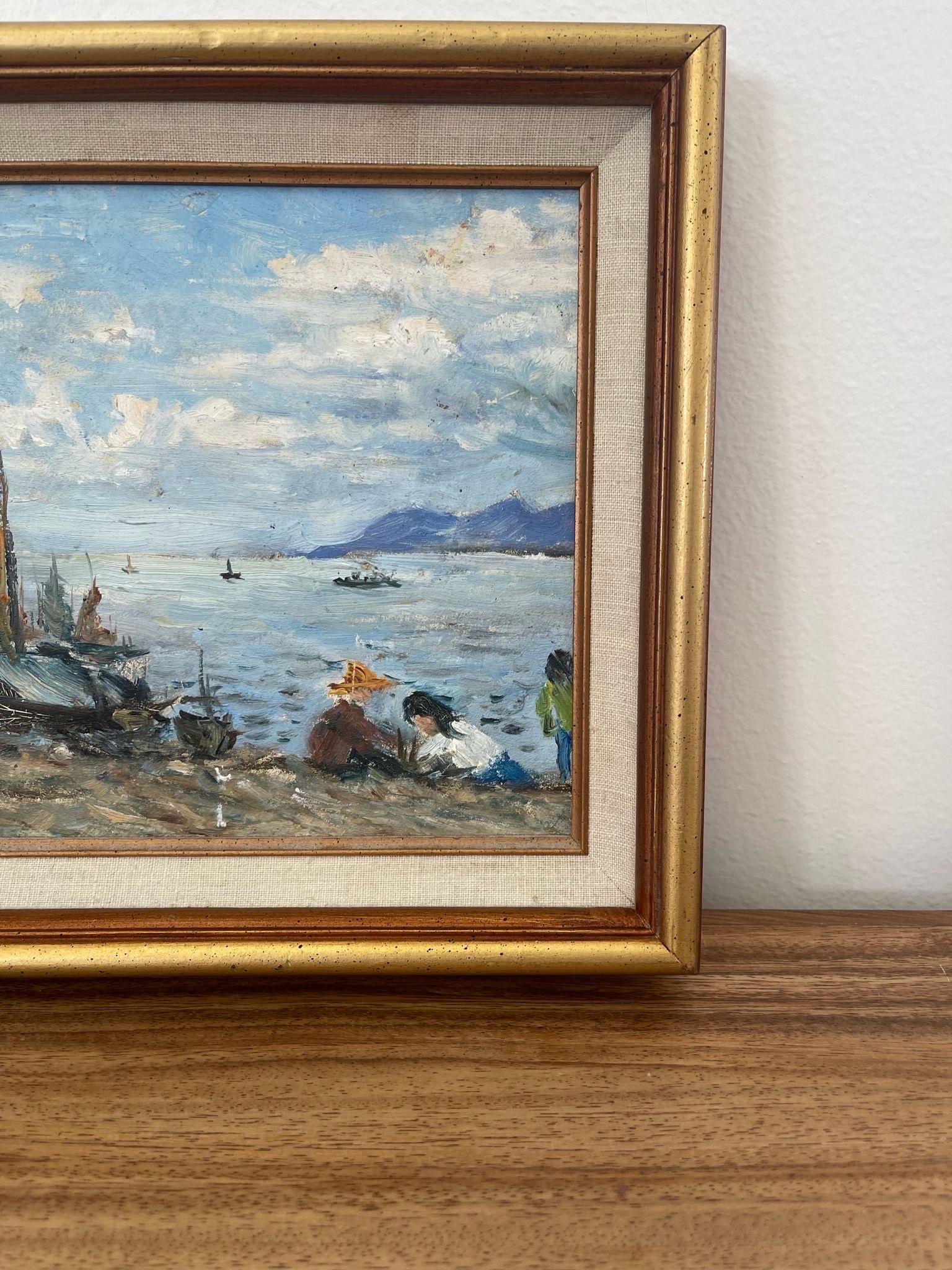 Fin du 20e siècle Peinture vintage encadrée d'une scène de plage. en vente