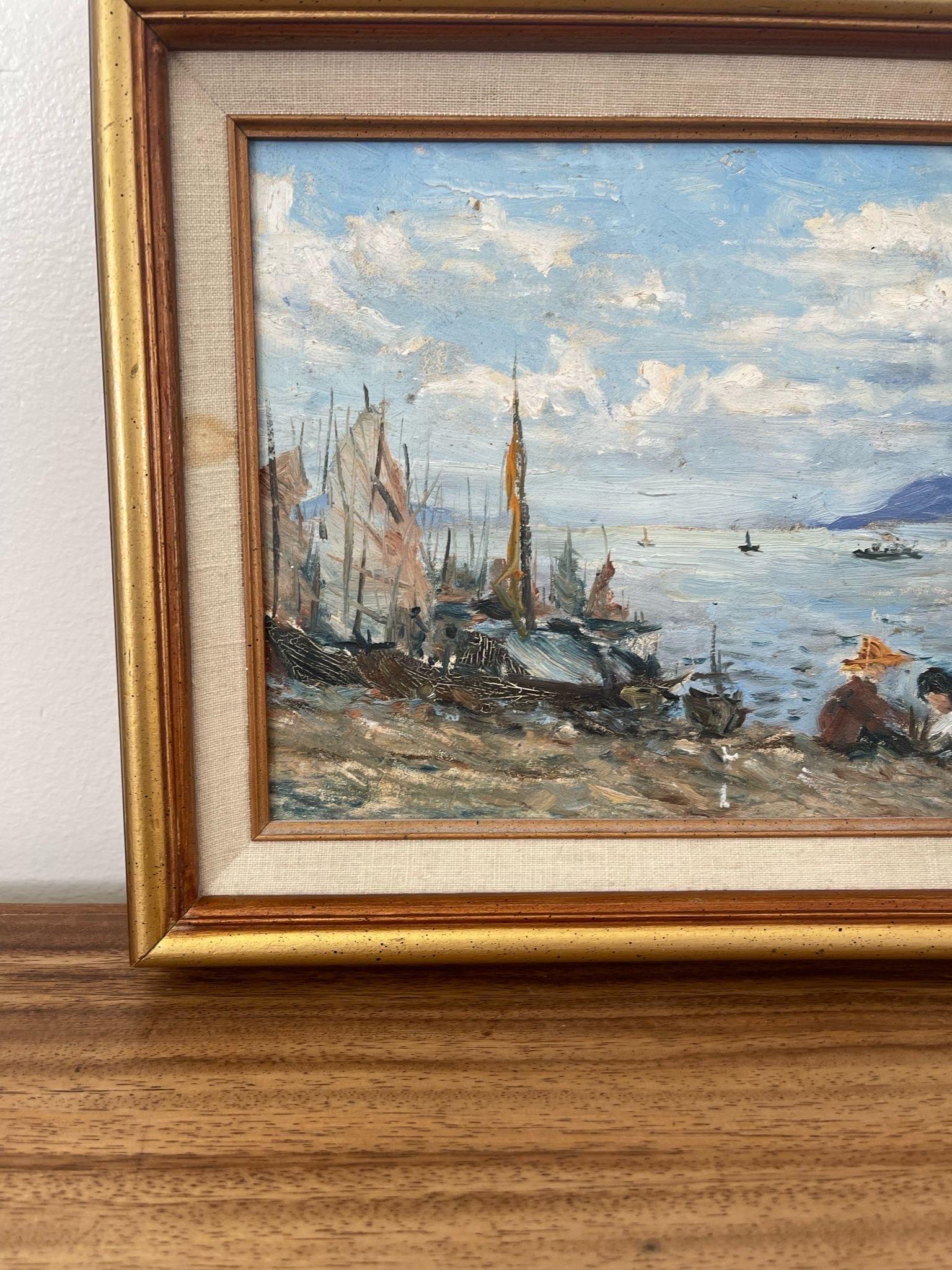 Bois Peinture vintage encadrée d'une scène de plage. en vente