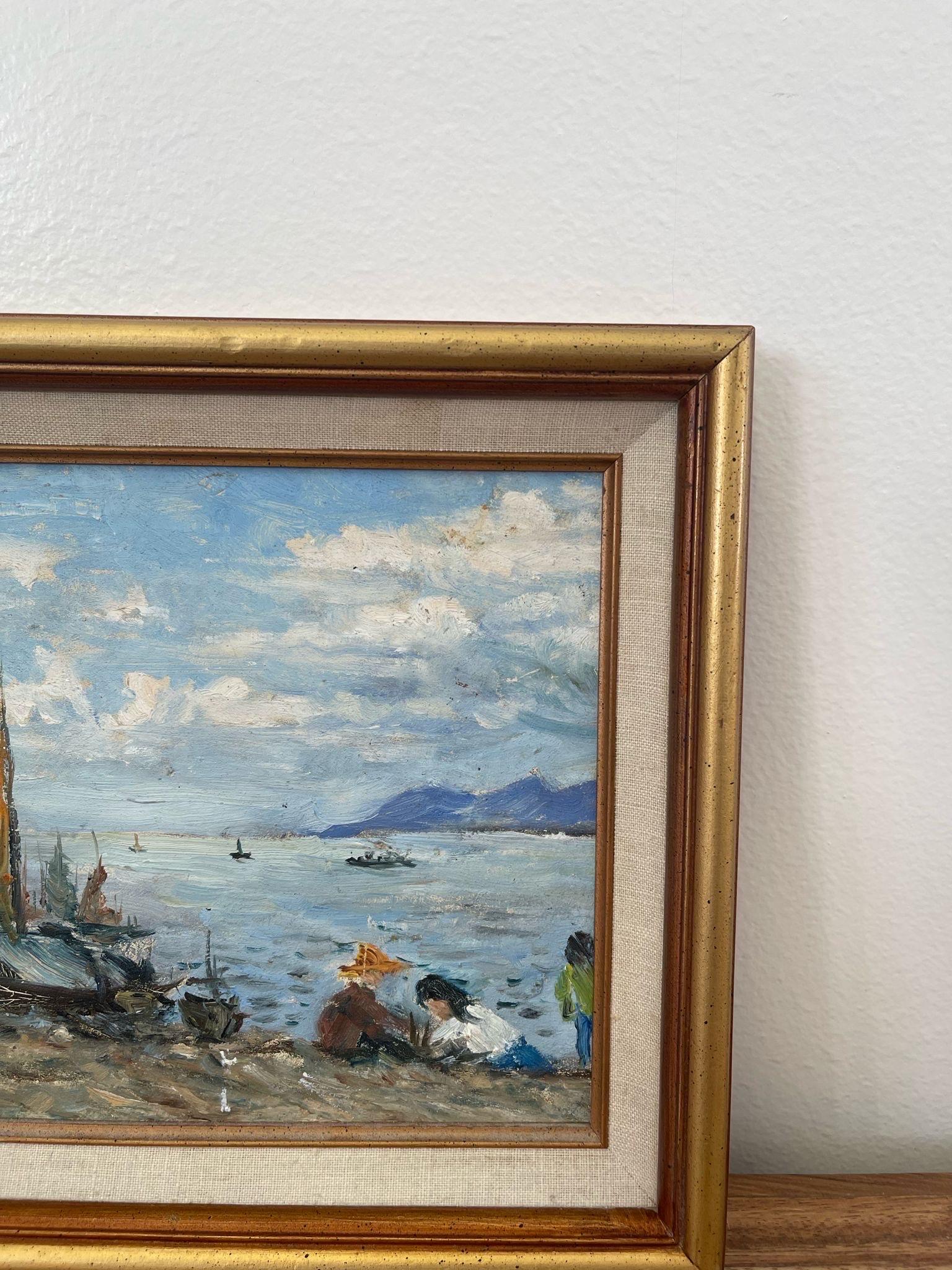 Peinture vintage encadrée d'une scène de plage. en vente 1