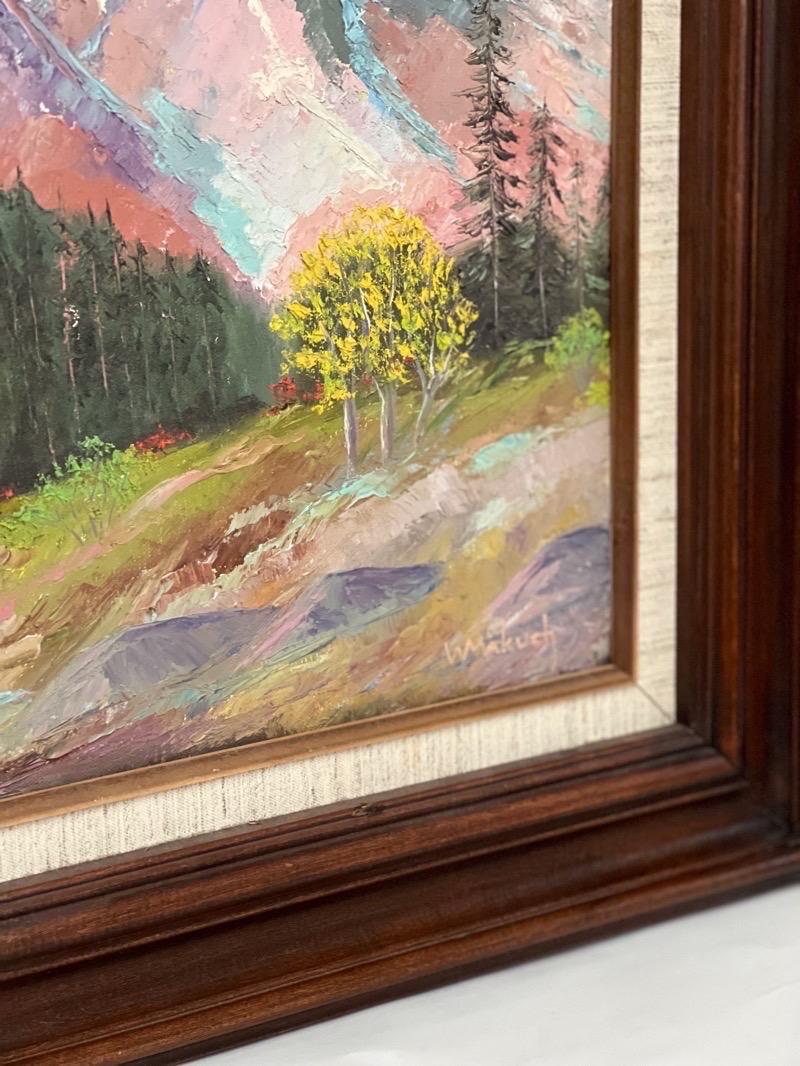 Vintage framed painting on canvas Dt 1987. There is artist note on the back titling the piece ‘Sunrise on the Tetons’ and Signed by W.S Makuch.

Dimensions. 19 1/2 W ; 1 1/4 D ; 23 1/2 H.
